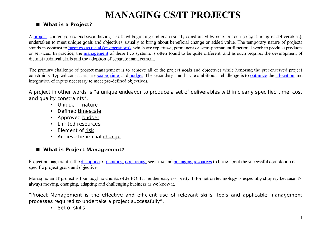 MANAGING INFORMATION TECHNOLOGY PROJECT - MANAGING CS/IT PROJECTS What ...