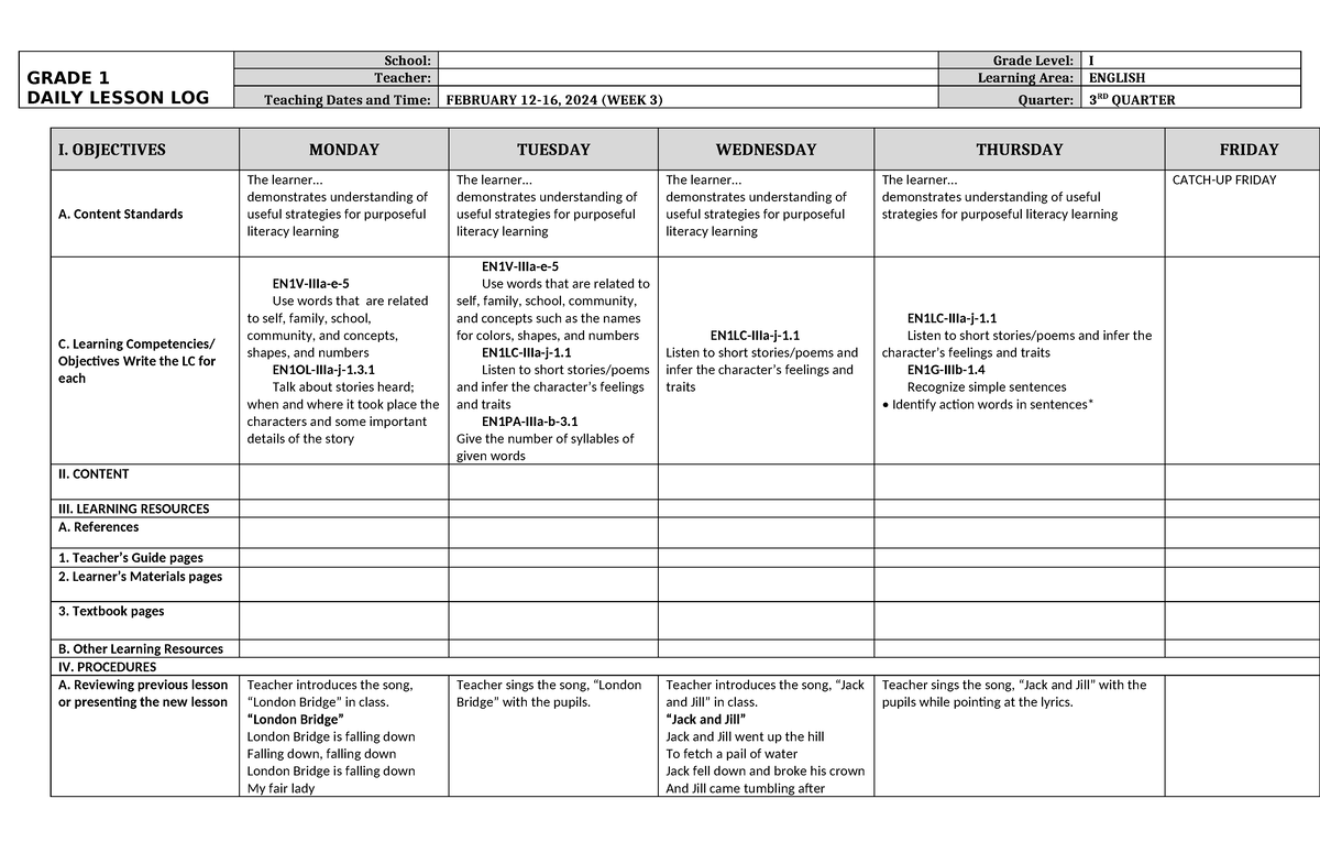 DLL English 1 Q3 W3 - LessonPlan - GRADE 1 DAILY LESSON LOG School ...