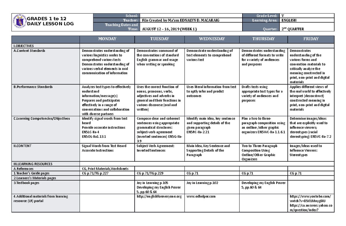 DLL English 5 Q2 W1 - none - GRADES 1 to 12 DAILY LESSON LOG School ...