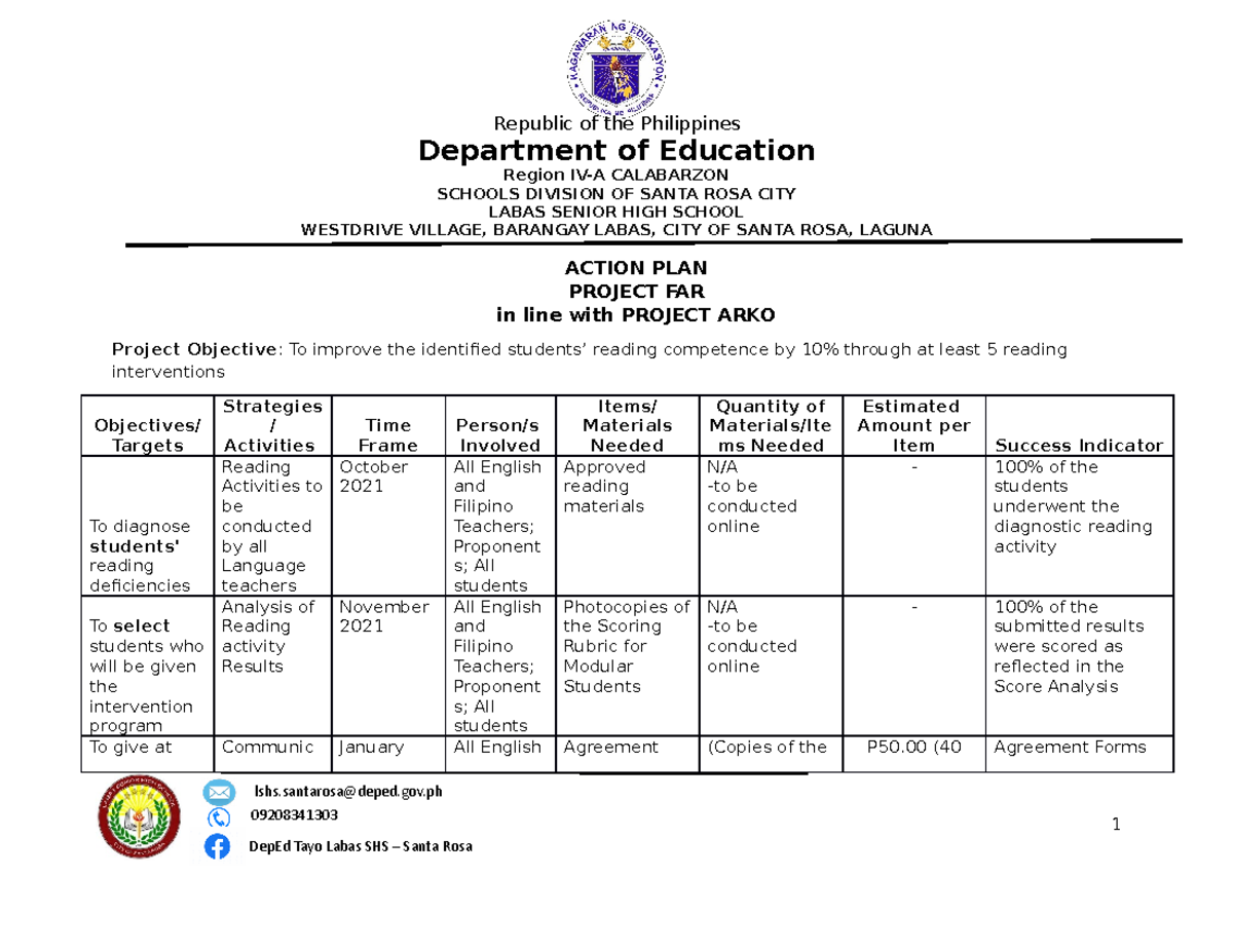 Action PLAN - Republic of the Philippines Department of Education ...