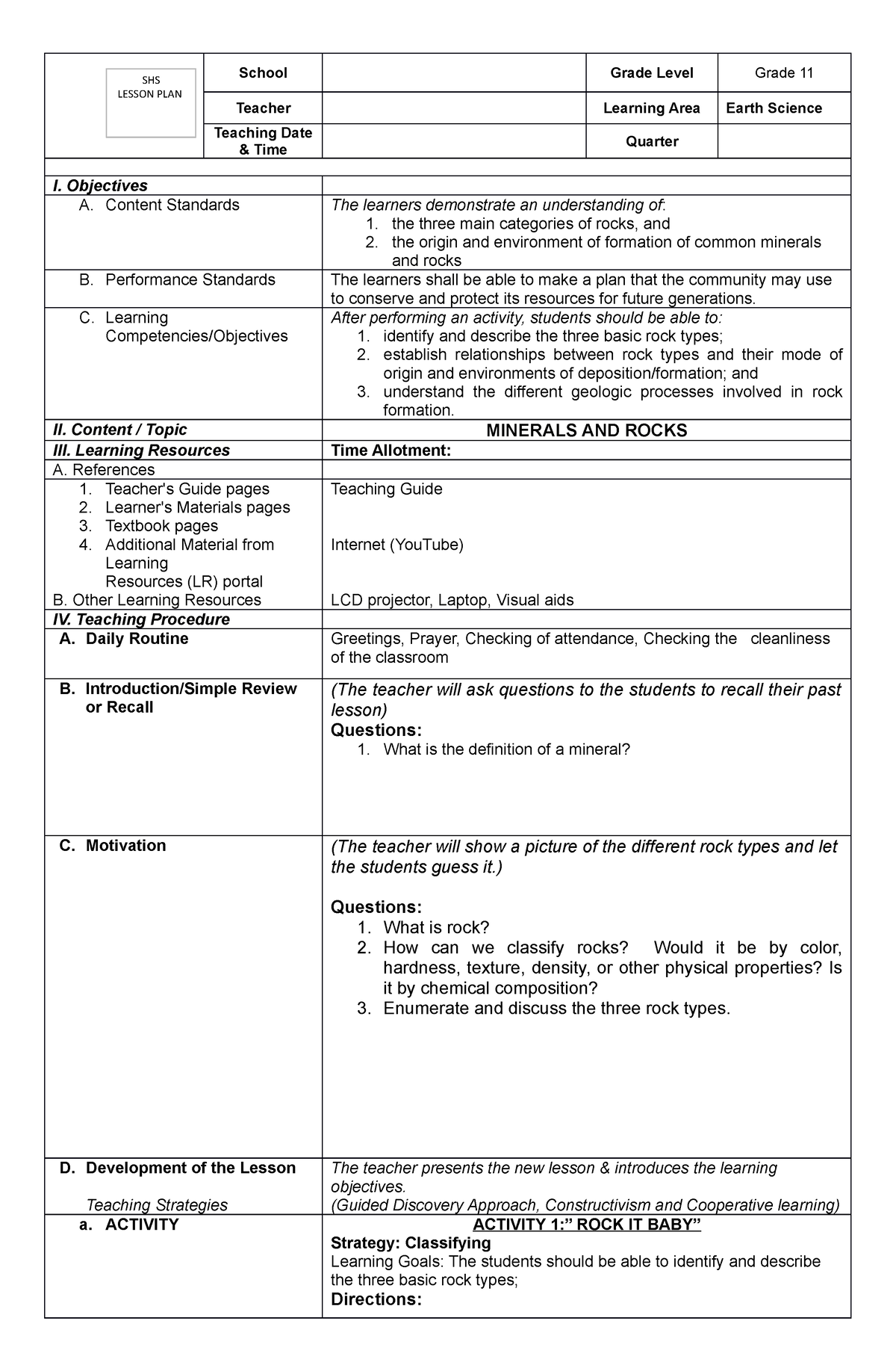LP Types of Rocks - School Grade Level Grade 11 Teacher Learning Area ...