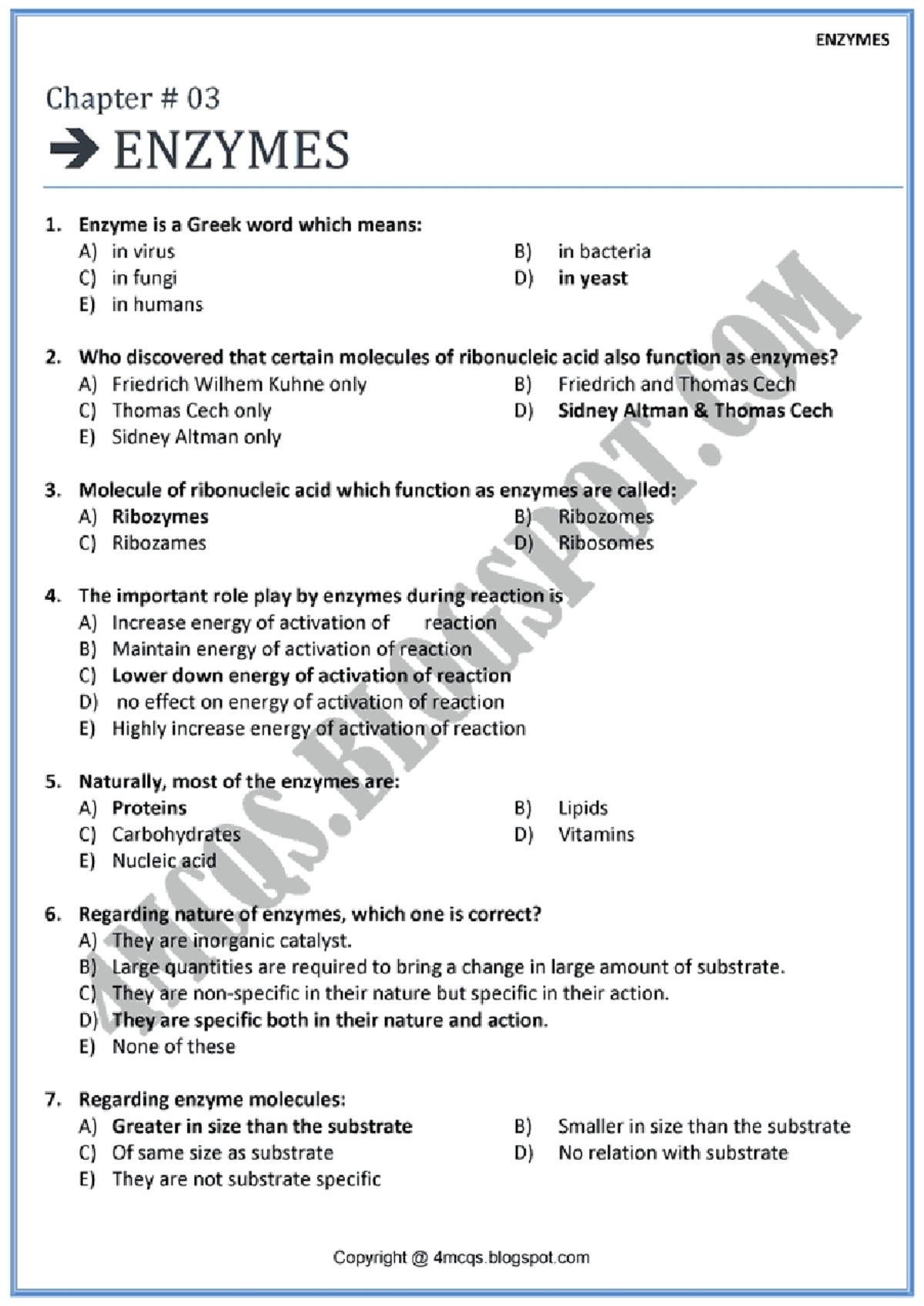 CEnzymeMcqs Enzyme mcqs Chemistry Studocu