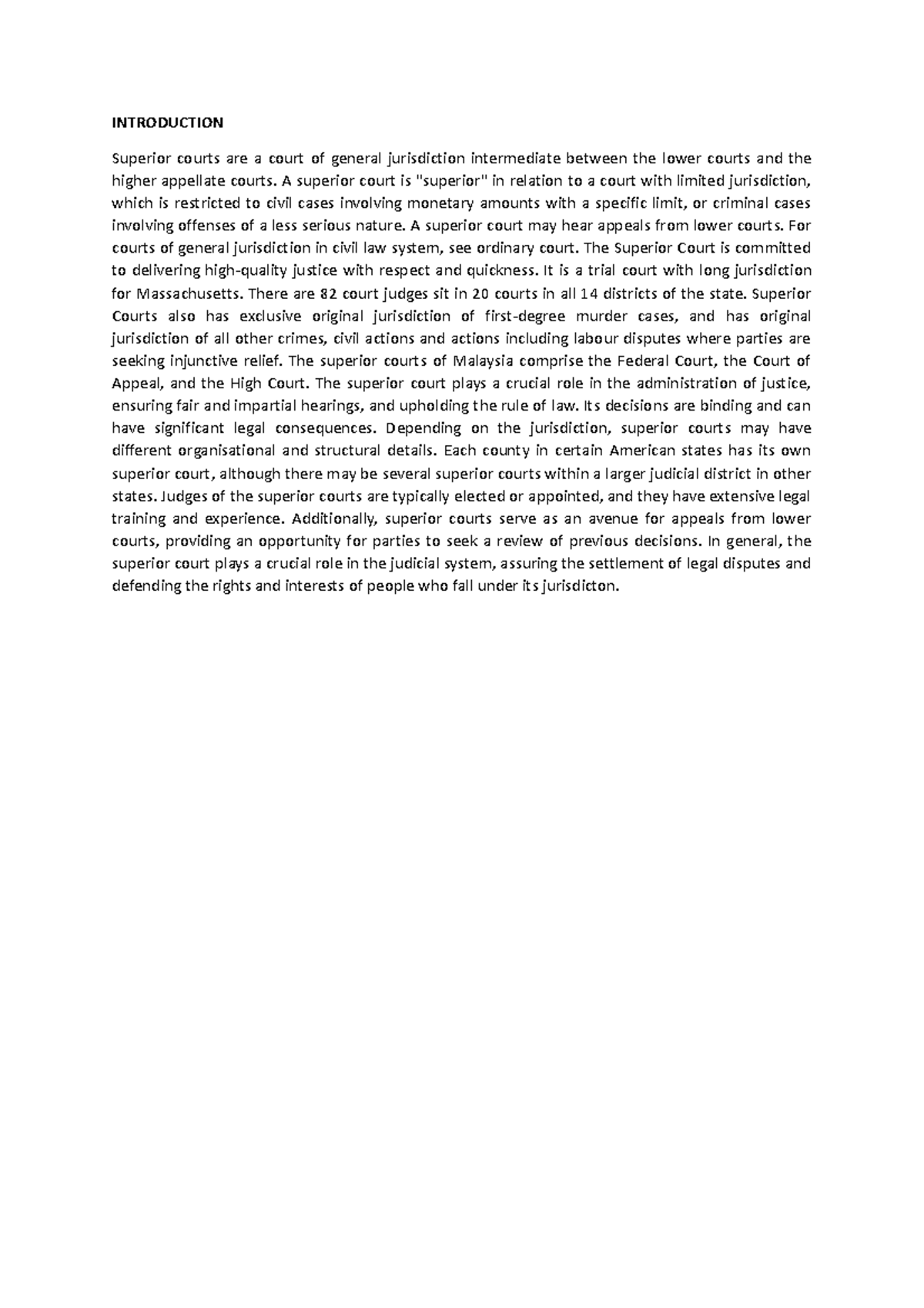 LAW - UITM - INTRODUCTION Superior courts are a court of general ...