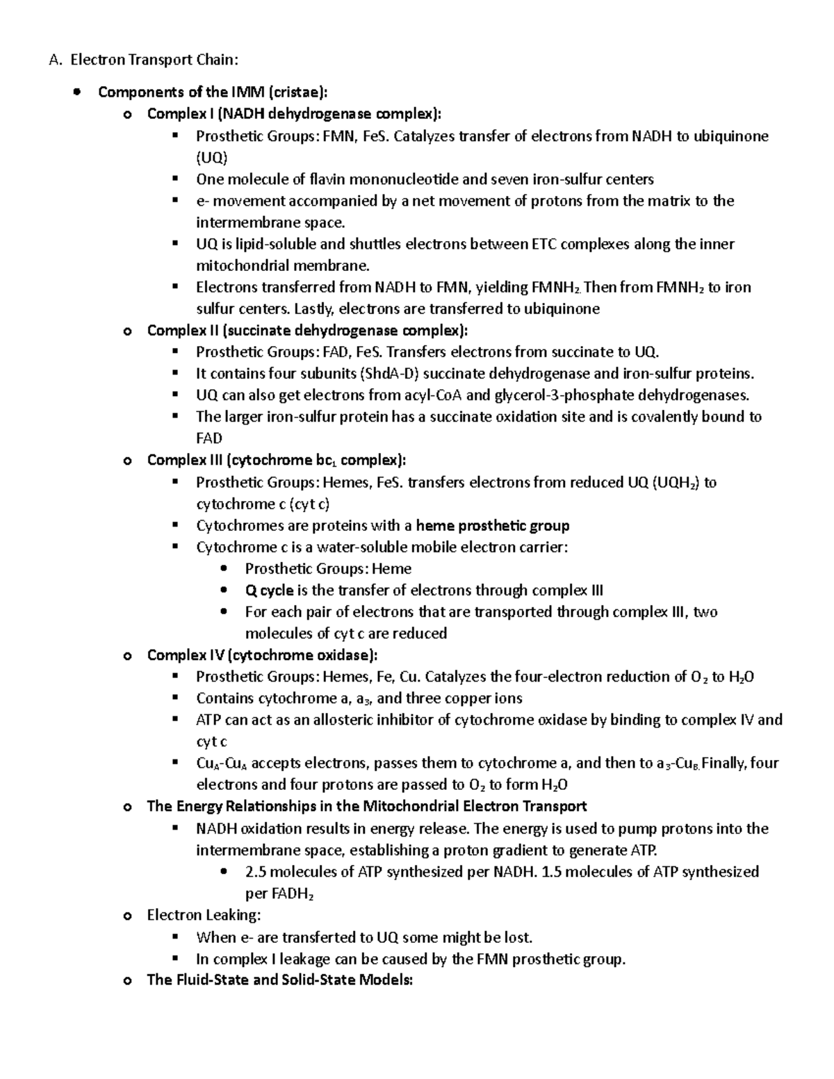 Exam 4 study guide - A. Electron Transport Chain: Components of the IMM ...