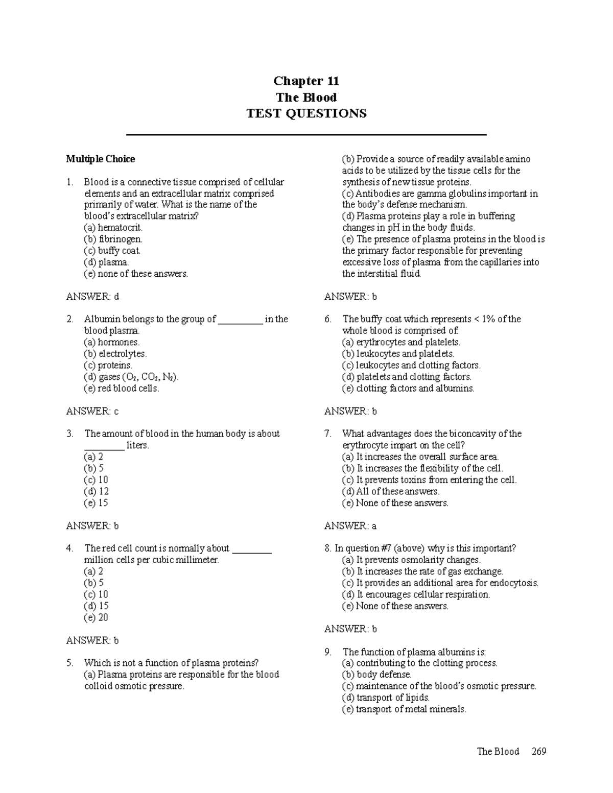 Blood lecture notes Chapter 11 The Blood TEST QUESTIONS Multiple