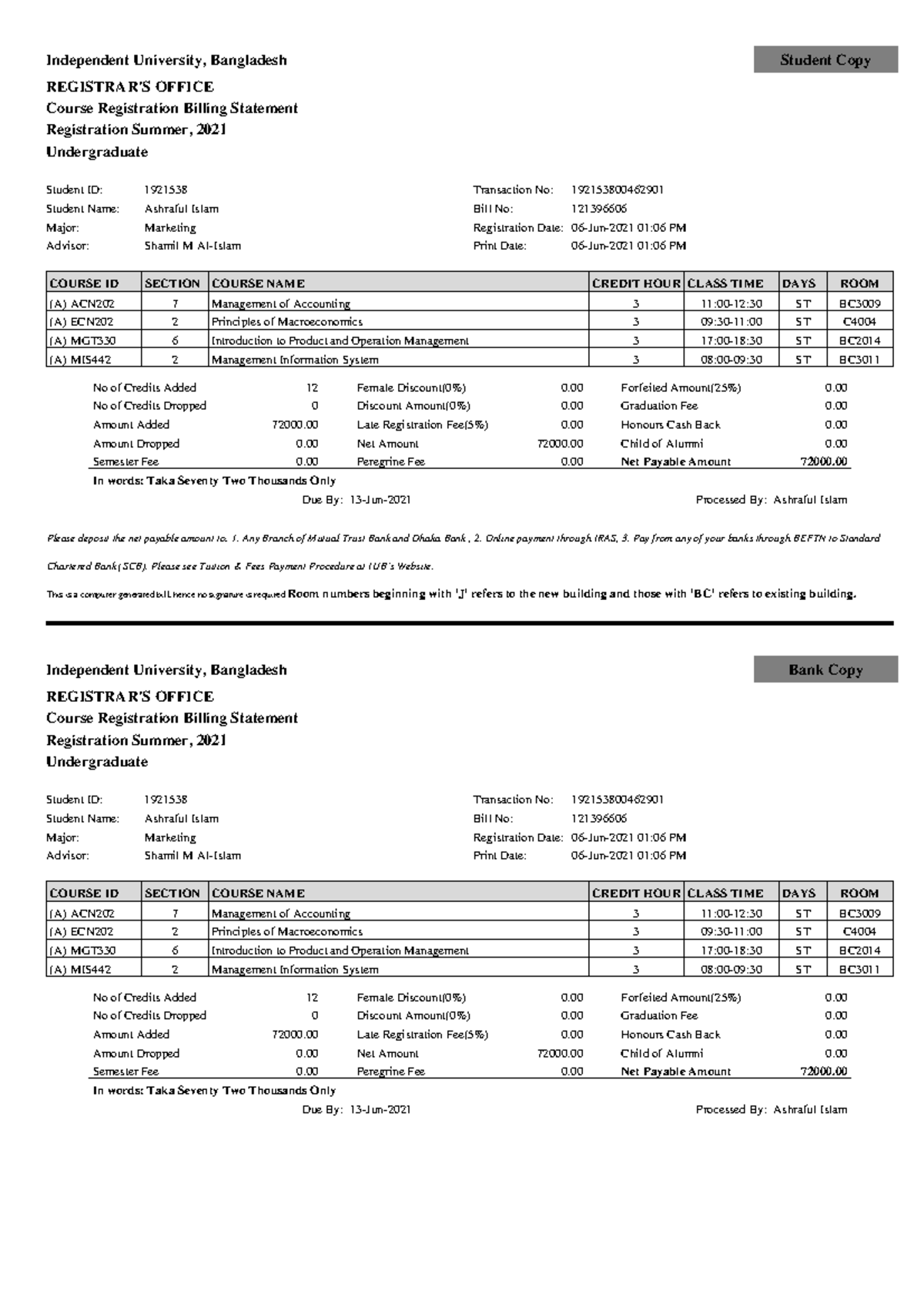 Registration Fee 1921538 - Please deposit the net payable amount to: 1 ...