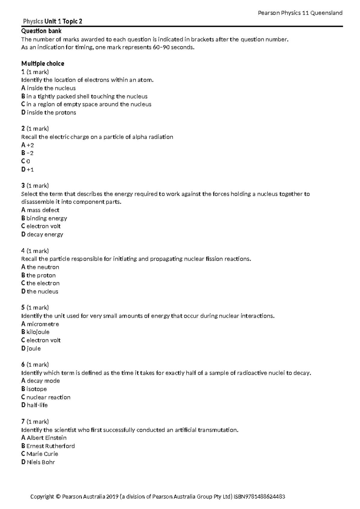Mock Exam Unit 1 Topic 2 Questions - Physics Unit 1 Topic 2 Question ...