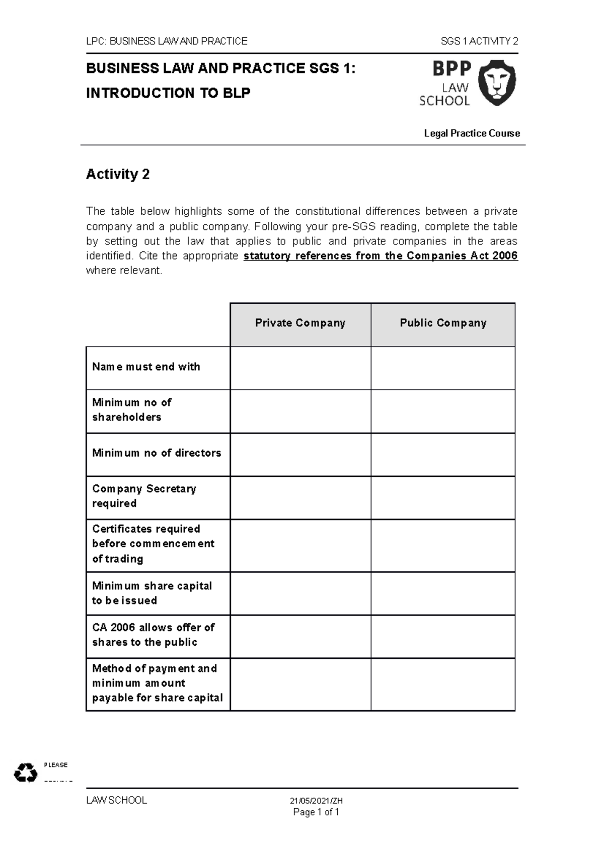 BLP SGS 1 Activity 2 2022-23 - LPC: BUSINESS LAW AND PRACTICE SGS 1 ...