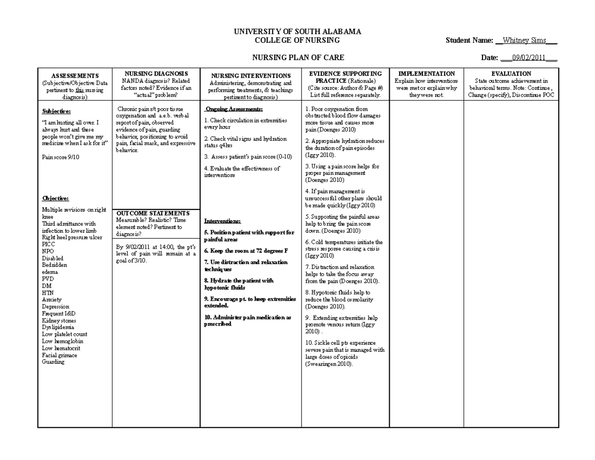 Care plan for acute Pain - Student Name: Whitney Sims_ Date: 09/02/2011 ...