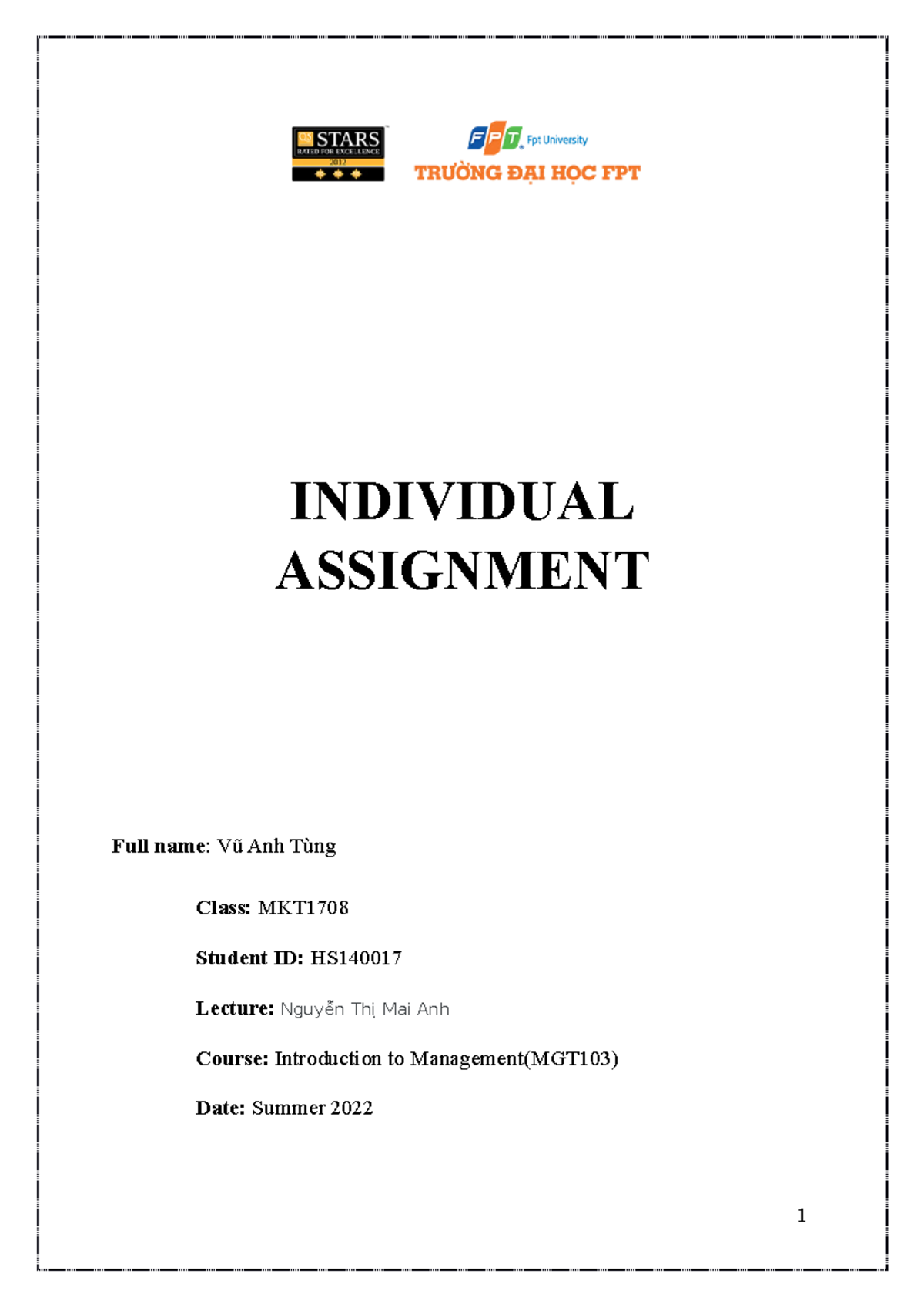 Individual MGT - Hello - INDIVIDUAL ASSIGNMENT Full Name: Vũ Anh Tùng ...