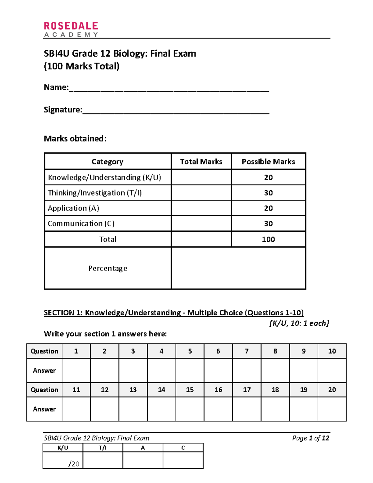 SBI4U Final Exam (student Version) - SBI4U Grade 12 Biology: Final Exam ...