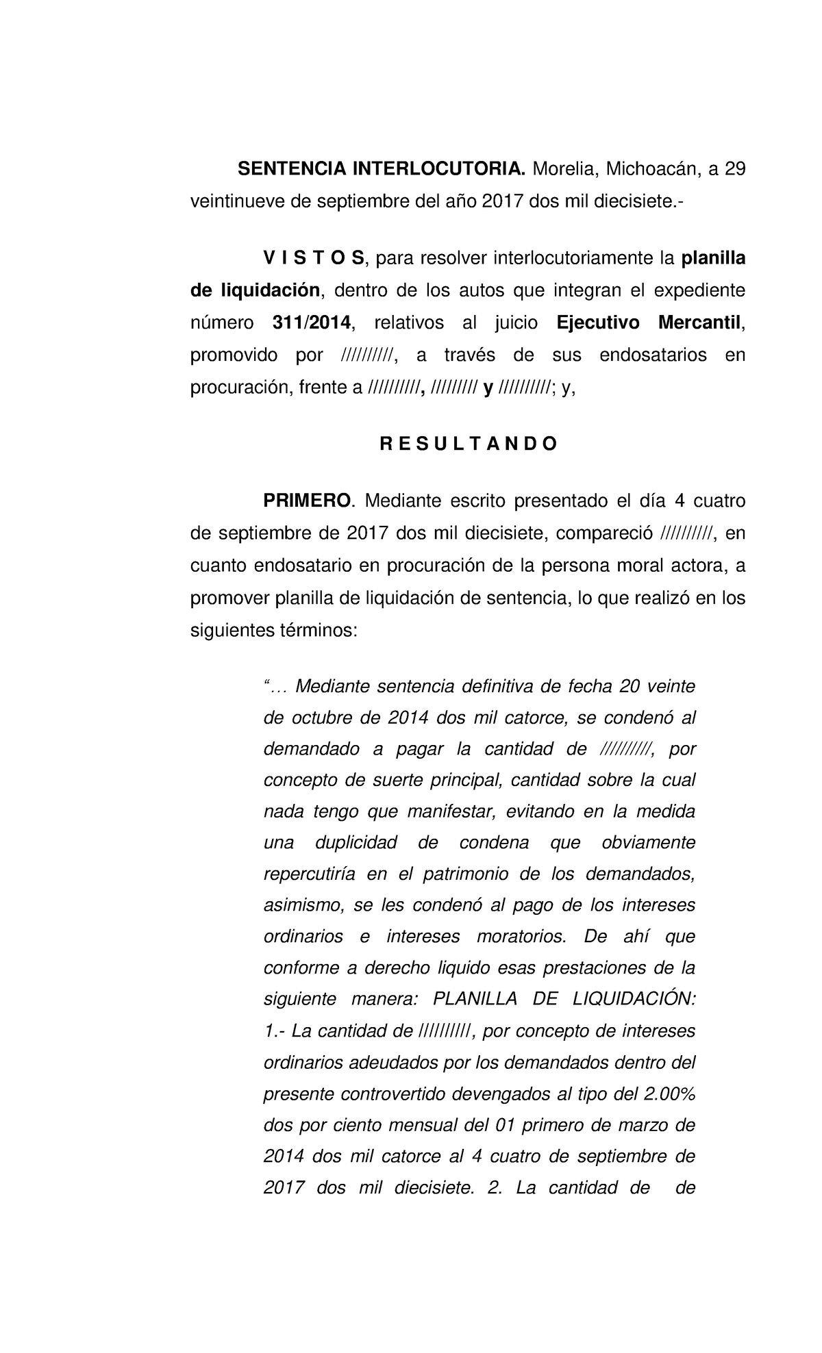 Sentencia interlocutoria ejecutivo mercantil planilla liquidacion