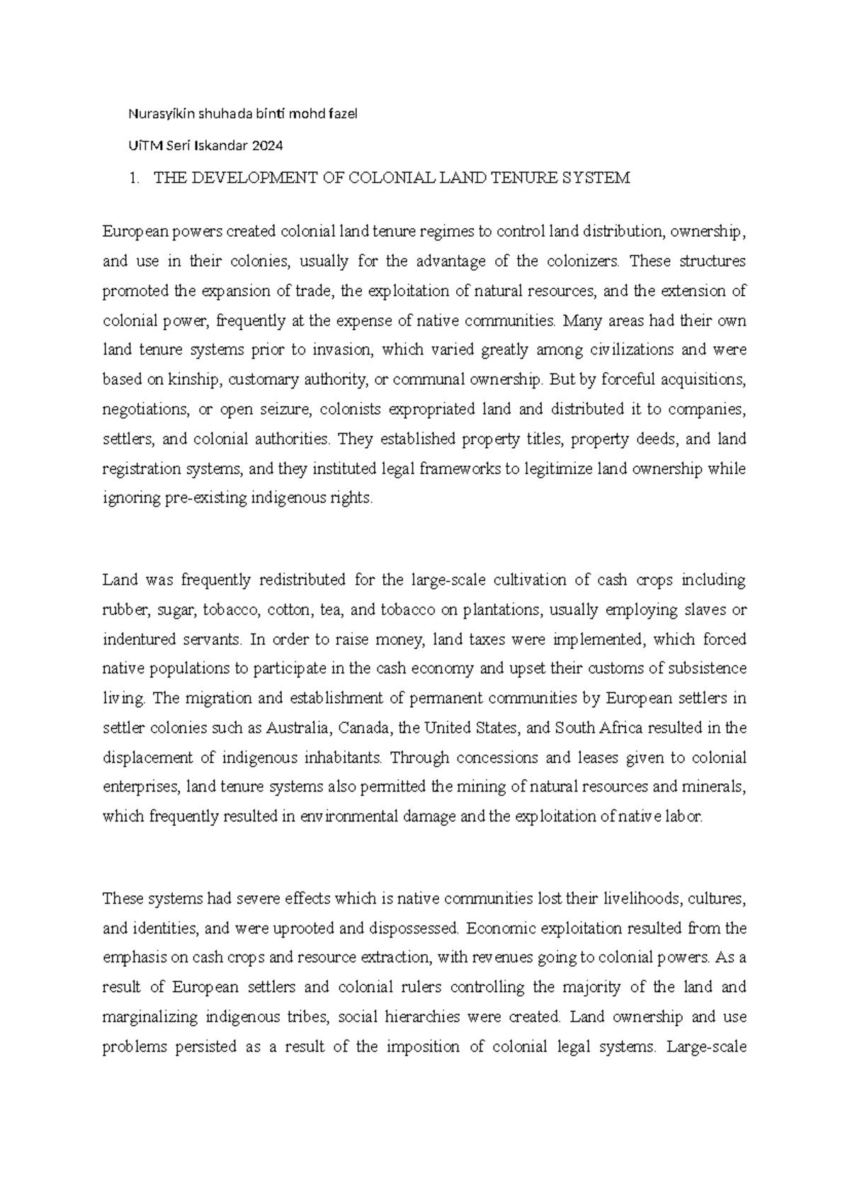 THE Development OF Colonial LAND Tenure System - Nurasyikin shuhada ...