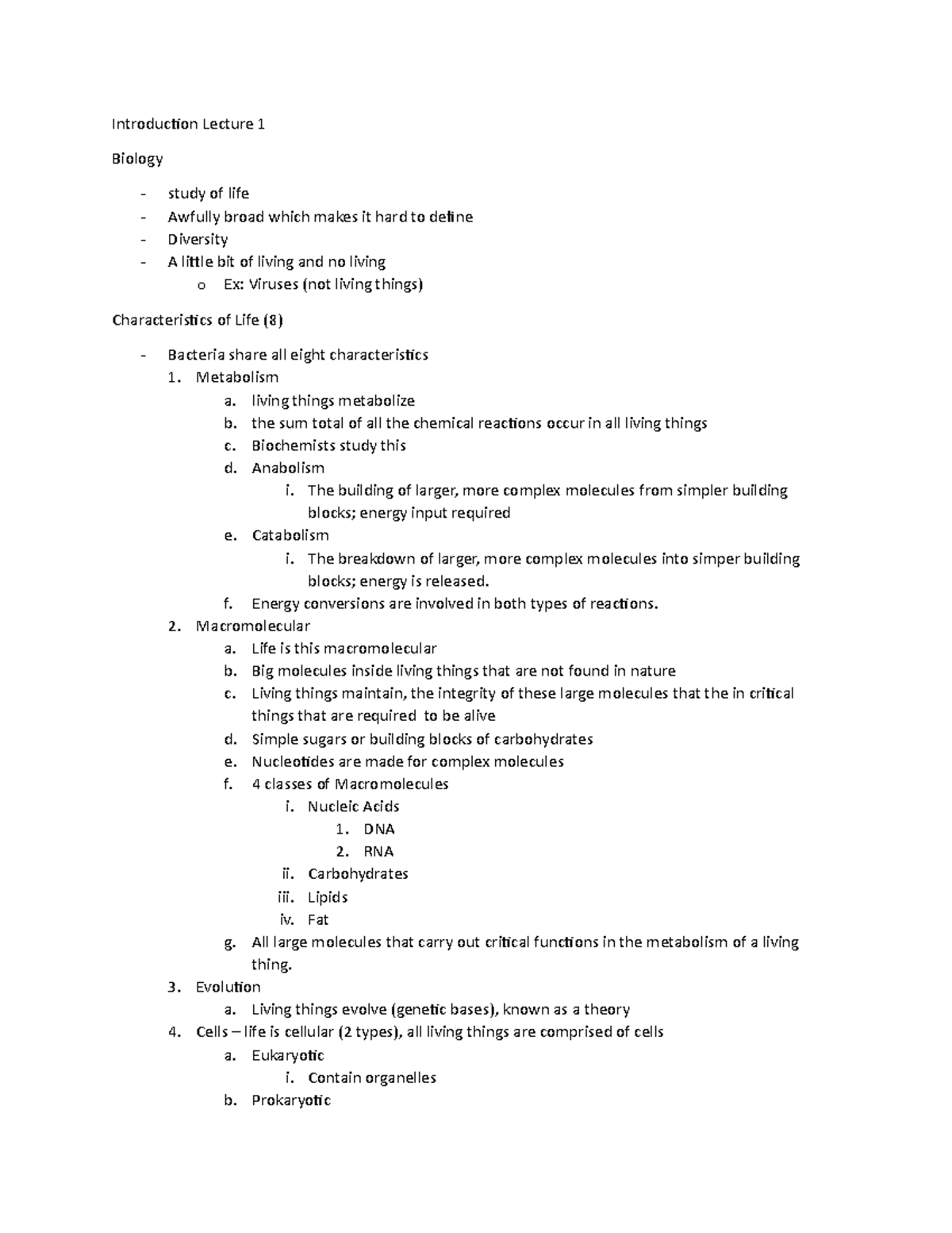 Lecture Exam 1 Notes - Introduction Lecture 1 Biology study of life ...