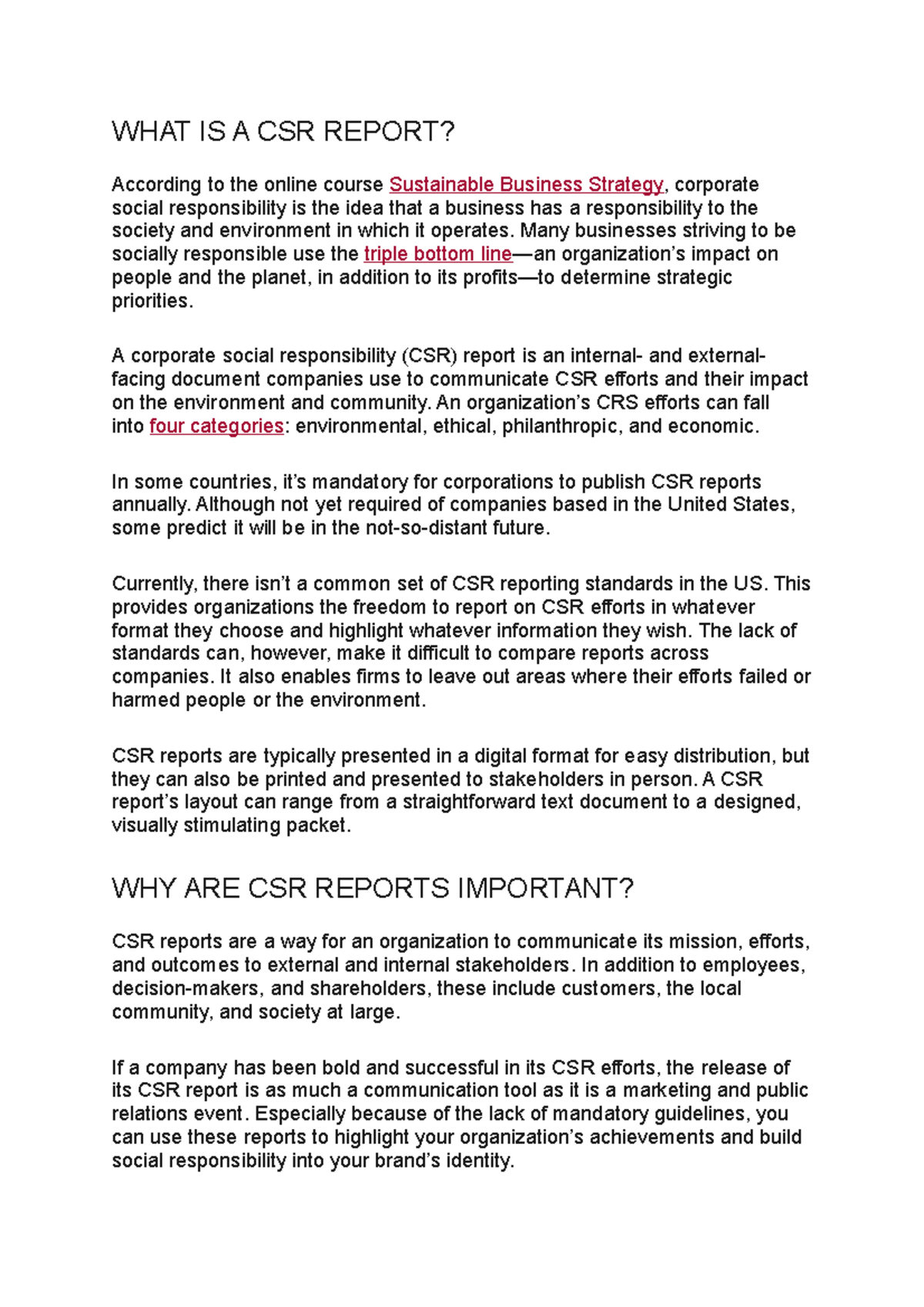 WHAT IS A CSR Report - WHAT IS A CSR REPORT? According to the online ...