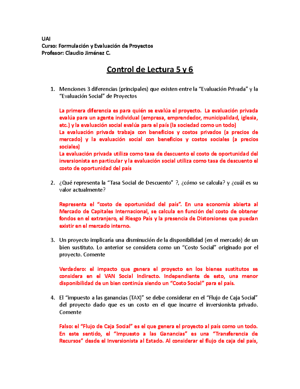 Pauta Control 5 FEP - UAI Curso: Formulación Y Evaluación De Proyectos ...