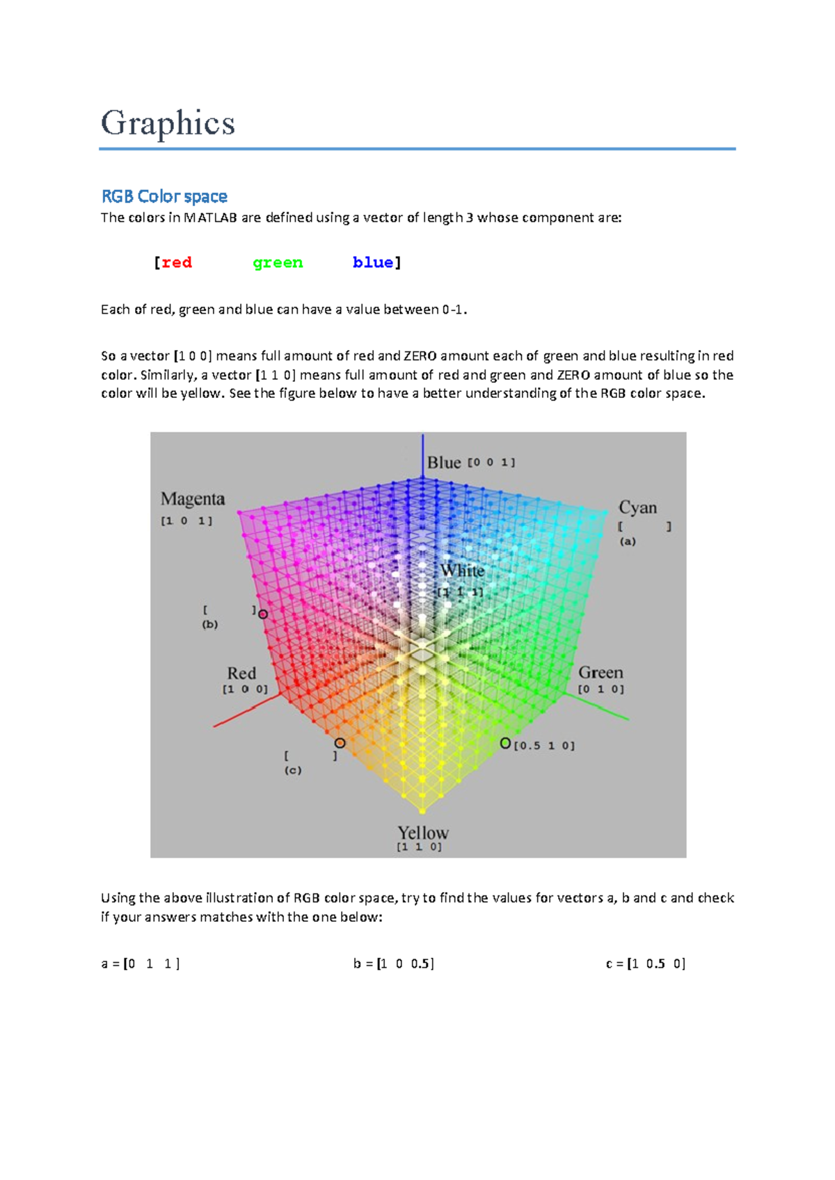 Lab3 thu - Graphics RGB Color space The colors in MATLAB are defined ...