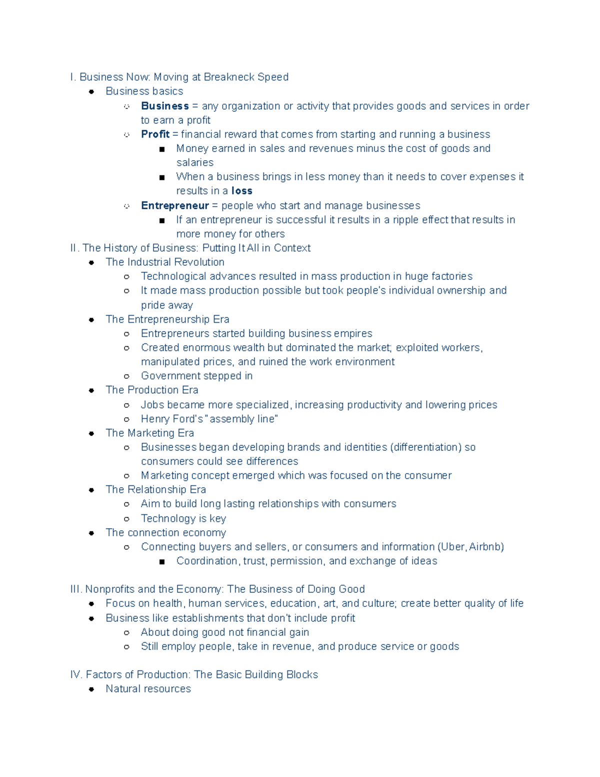 Midterm Review Sheet - I. Business Now: Moving at Breakneck Speed ...