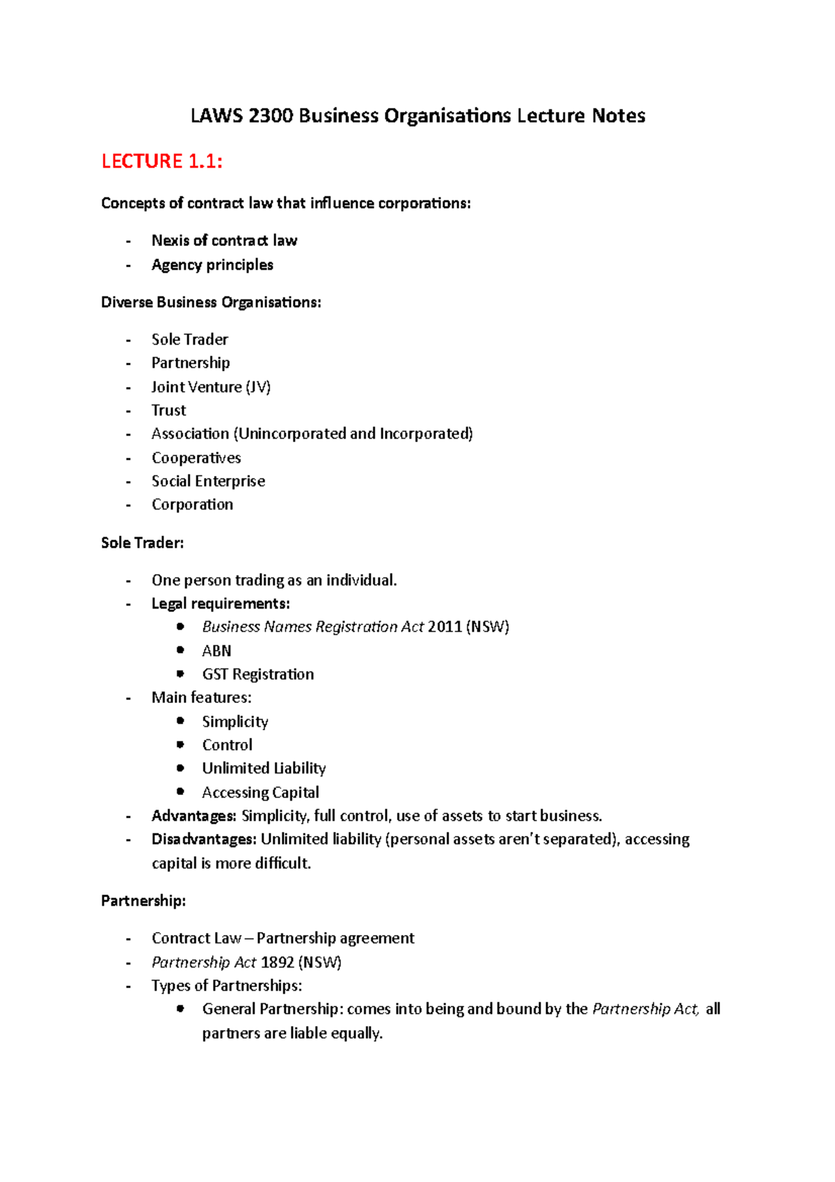 LAWS 2300 Business Organisations Lecture Notes - Legal requirements ...