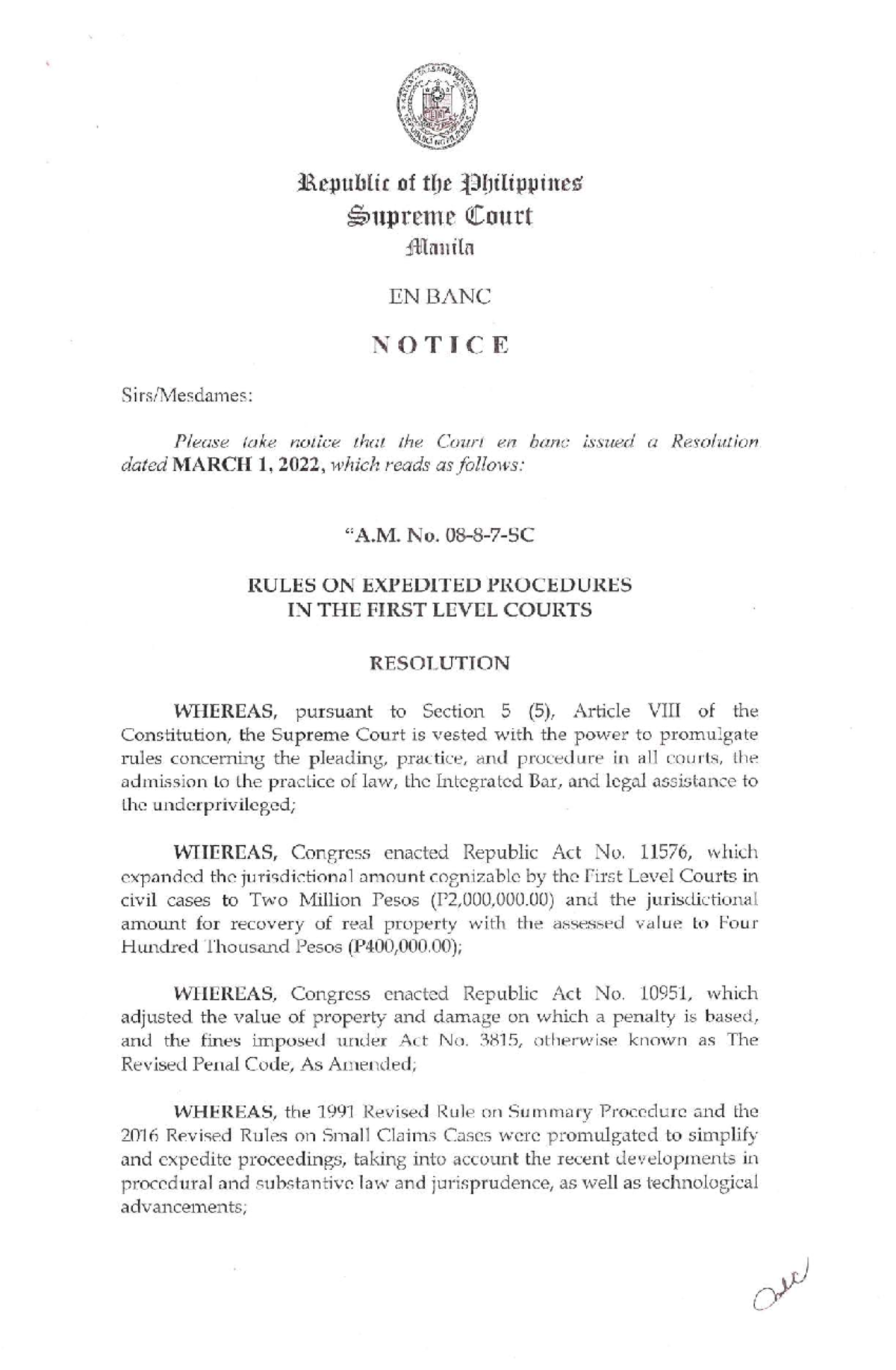 0887SC (Rules on Expedited Procedures) Juris doctor Studocu