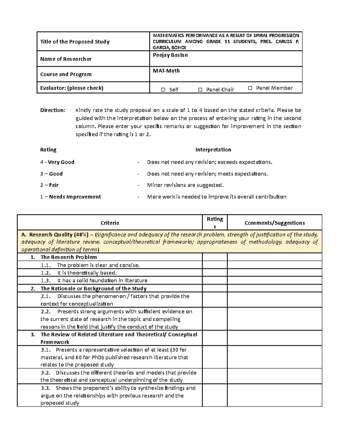 Assessment form - Title of the Proposed Study MATHEMATICS PERFORMANCE ...