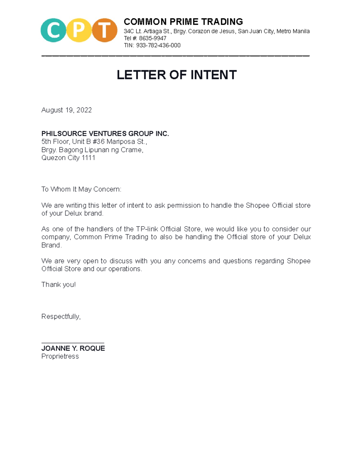 Letter of intent - COMMON PRIME TRADING 34C Lt. Artiaga St., Brgy ...