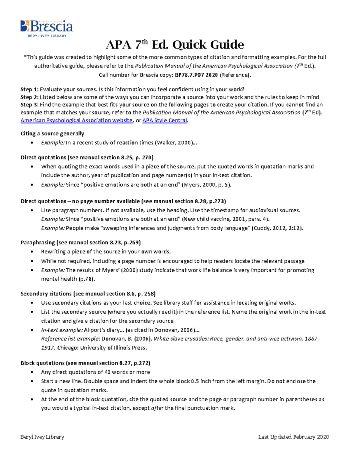 Occupation APA 7 - APA 7 th Ed. Quick Guide *This guide was created to ...