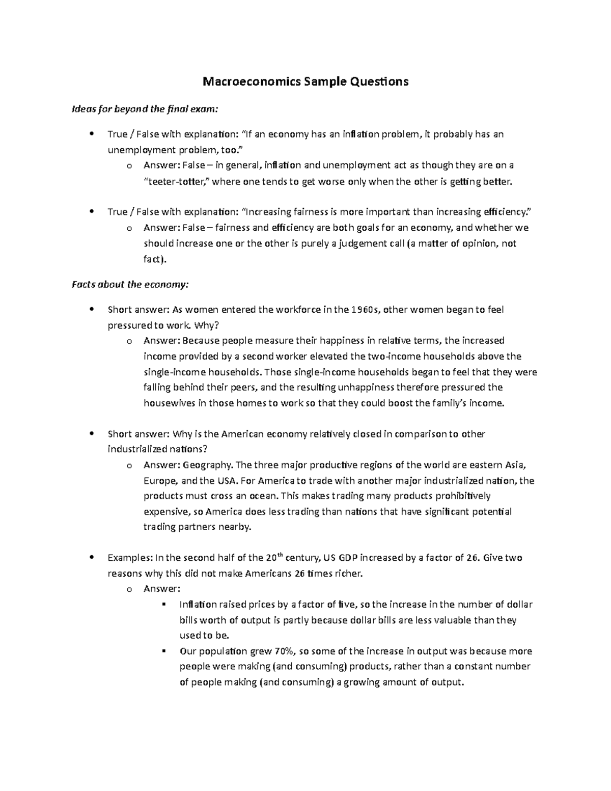 Macroeconomics Sample Questions And Answers - Macroeconomics Sample ...