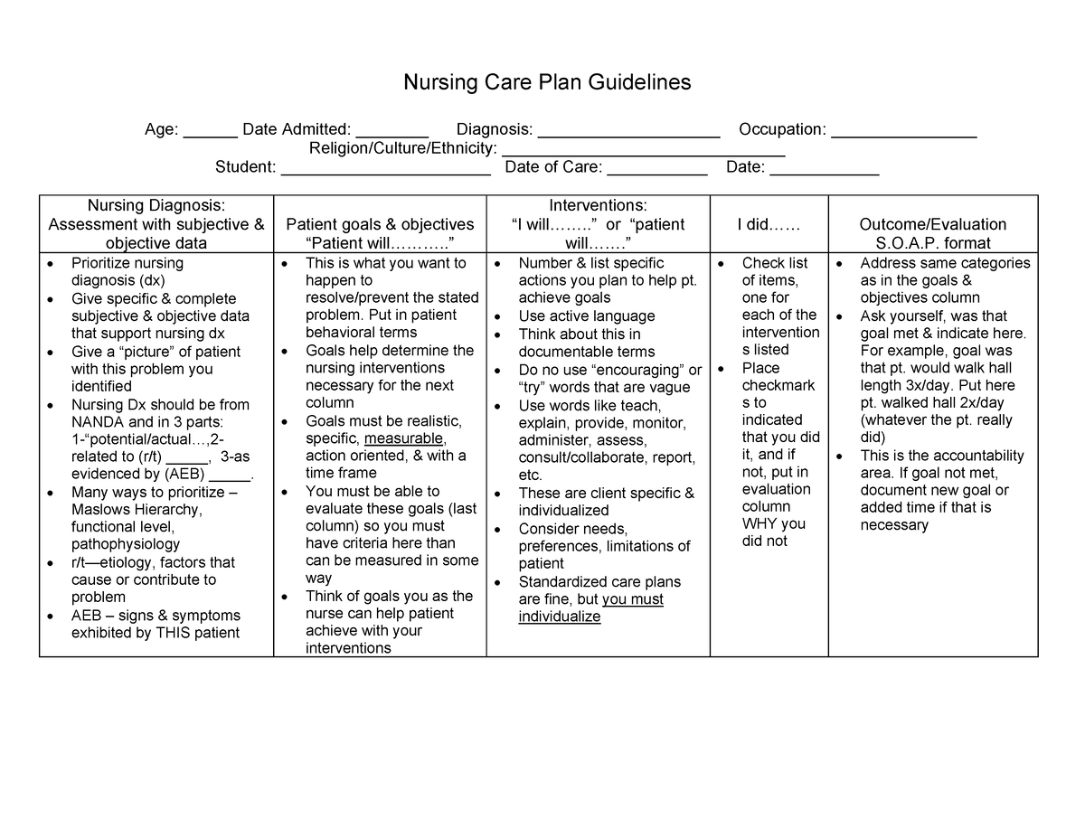 Care Plan Guide ADPIE Nursing Care Plan Guidelines Age Date 