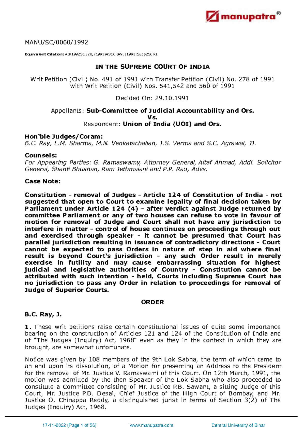 Sub Committee of Judicial Accountability and Ors vs0303s920386