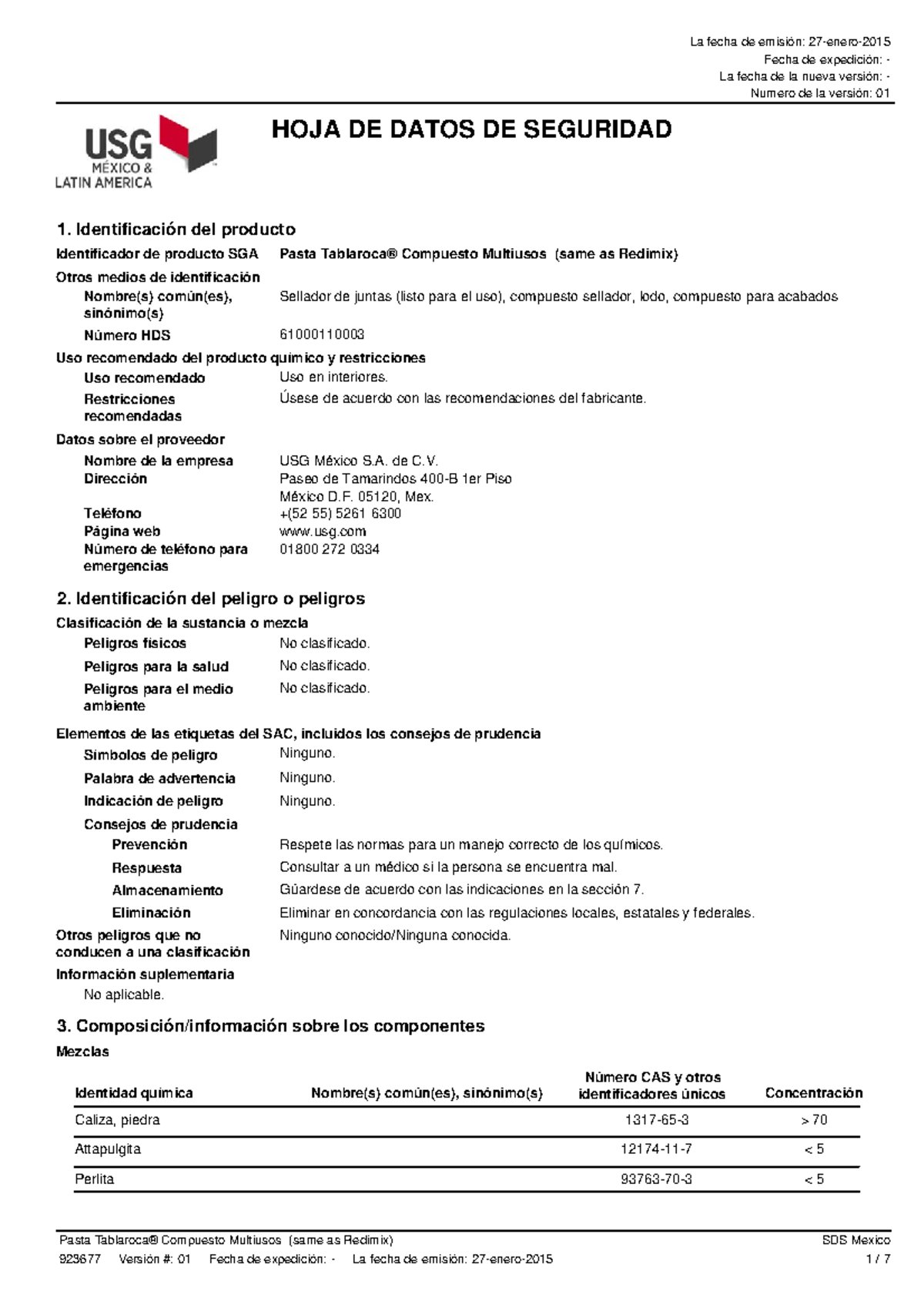 Usg tablaroca all purpose joint compound sds mex es 61000110003 Fecha