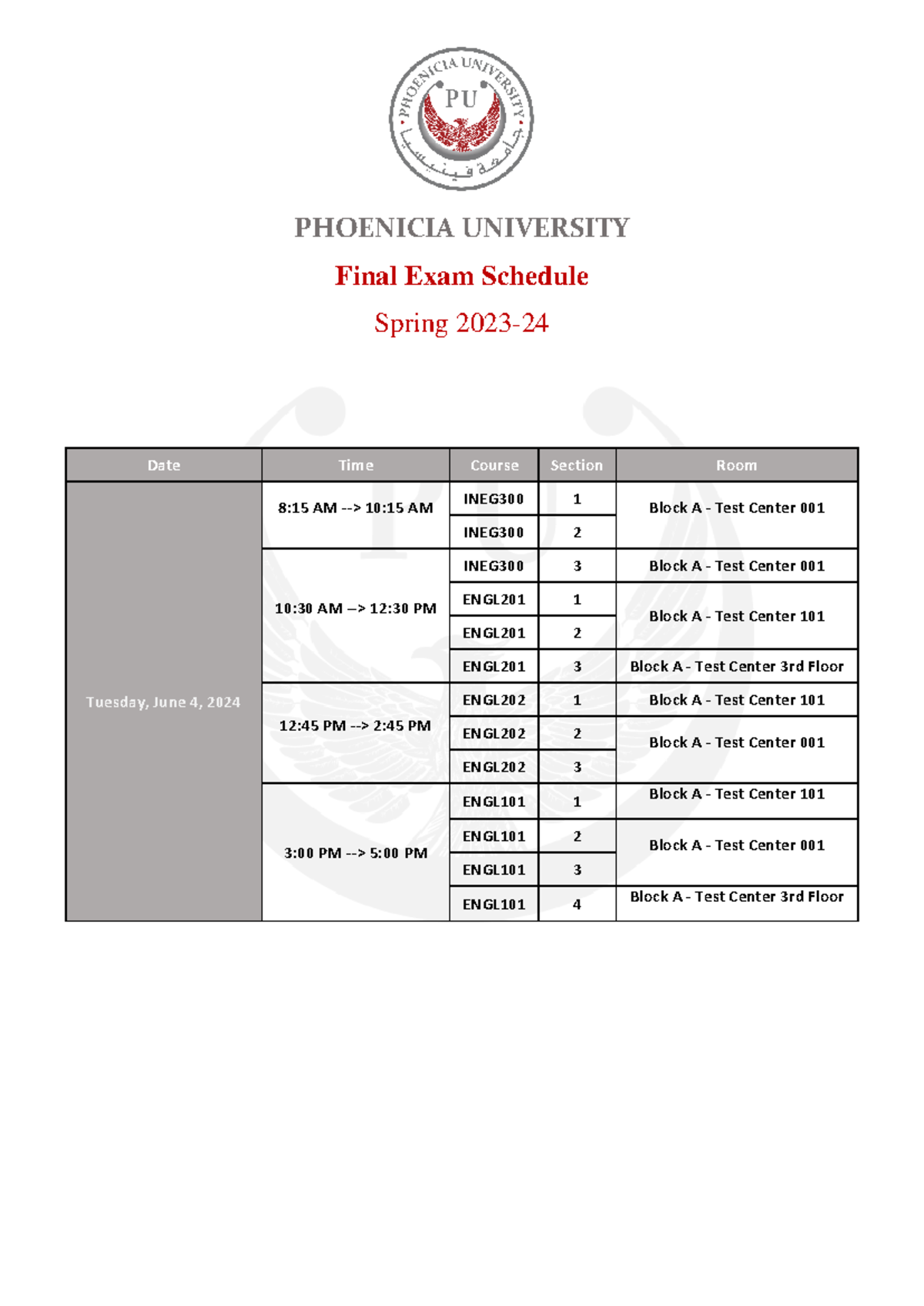 Final Exam Schedule Spring 202324 PHOENICIA UNIVERSITY Final Exam