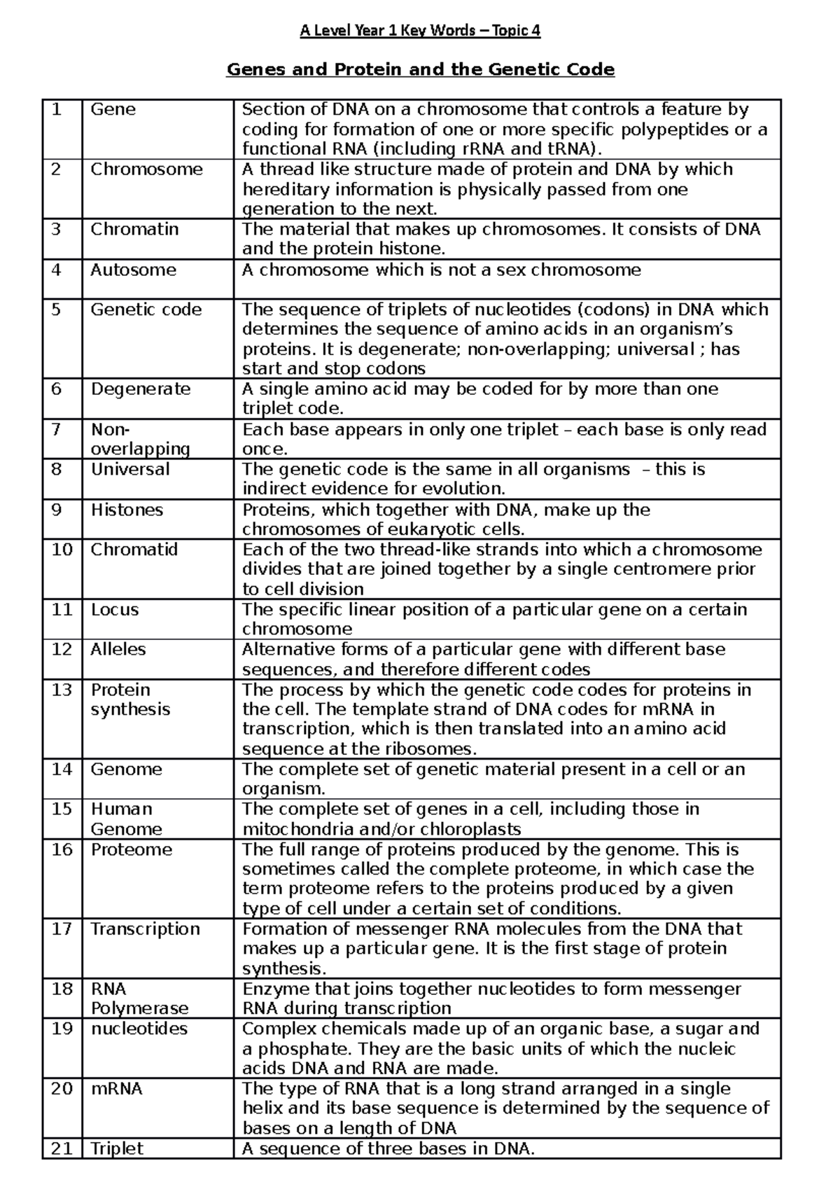 A Level Year 1 Topic 4 Key Words - Genes and Protein and the Genetic ...