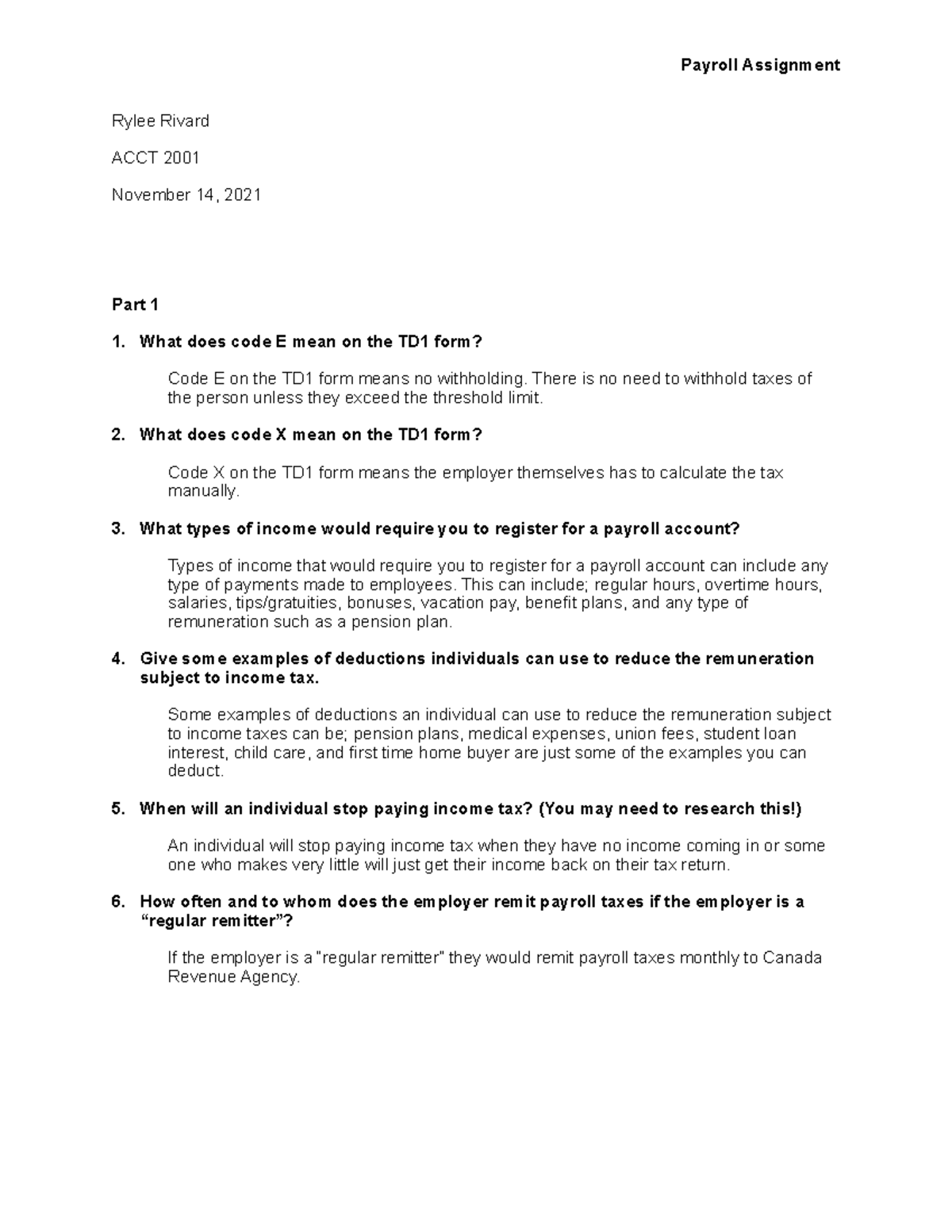 Payroll Assignment - Payroll Assignment Rylee Rivard ACCT 2001 November ...