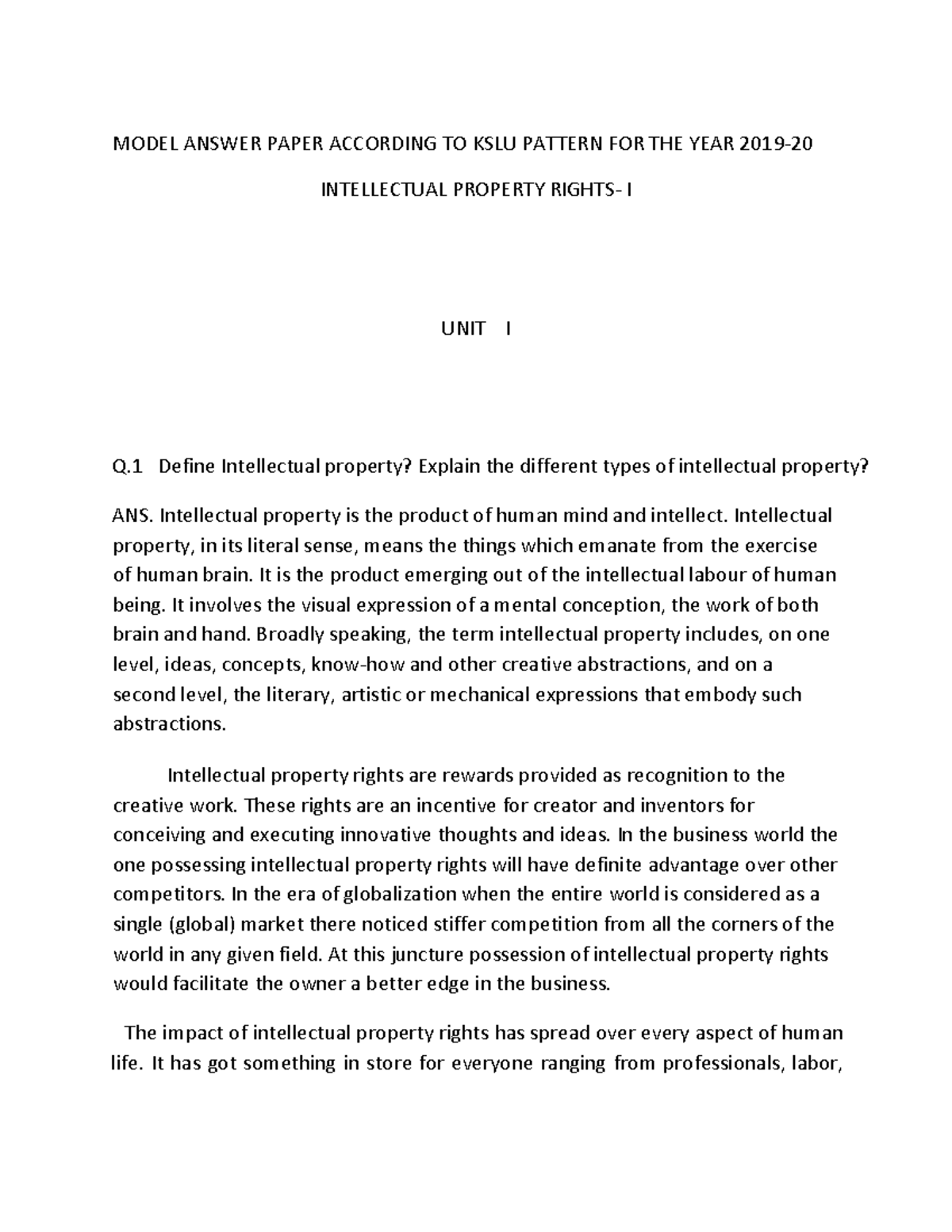 IPR - I - ipr - MODEL ANSWER PAPER ACCORDING TO KSLU PATTERN FOR THE ...