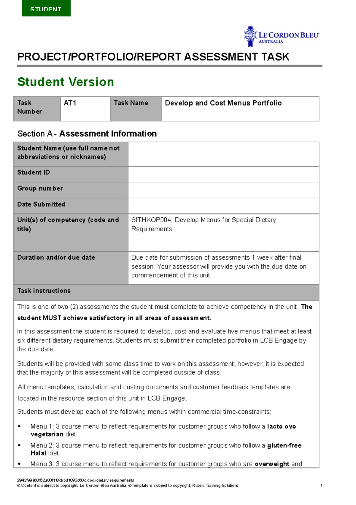 Sithkop 004 Develop menus for special dietary requirements AT1 Student ...