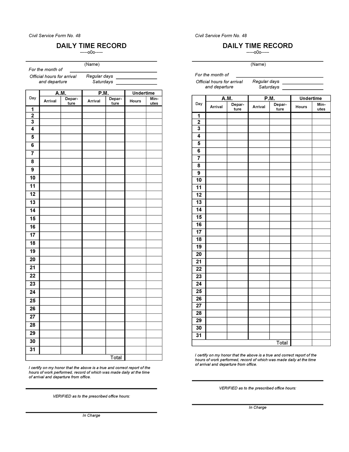 CSCForm 48 Daily Time Record DTR - Civil Service Form No. 48 DAILY TIME ...