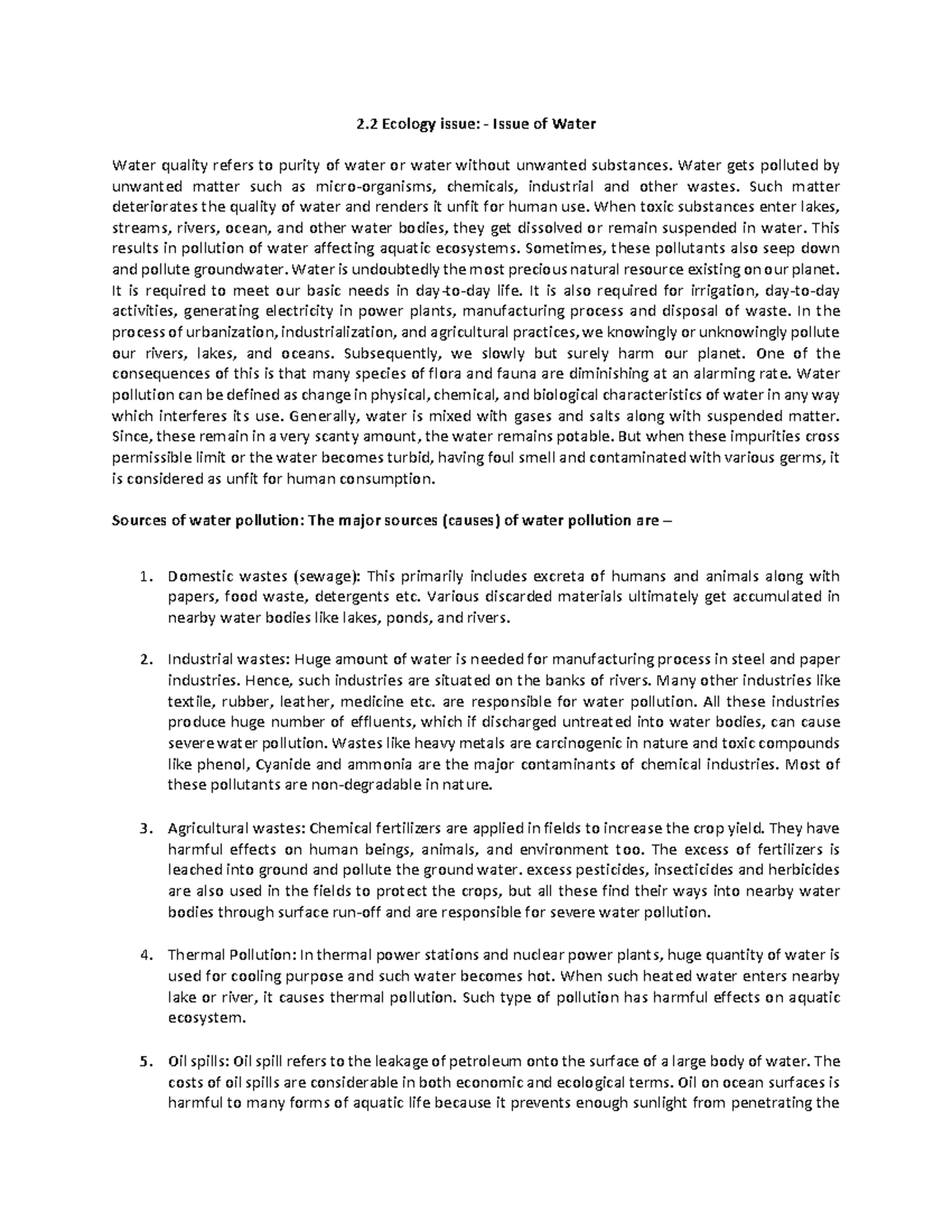 Unit 2.2 Issue of water - 2 Ecology issue: - Issue of Water Water ...