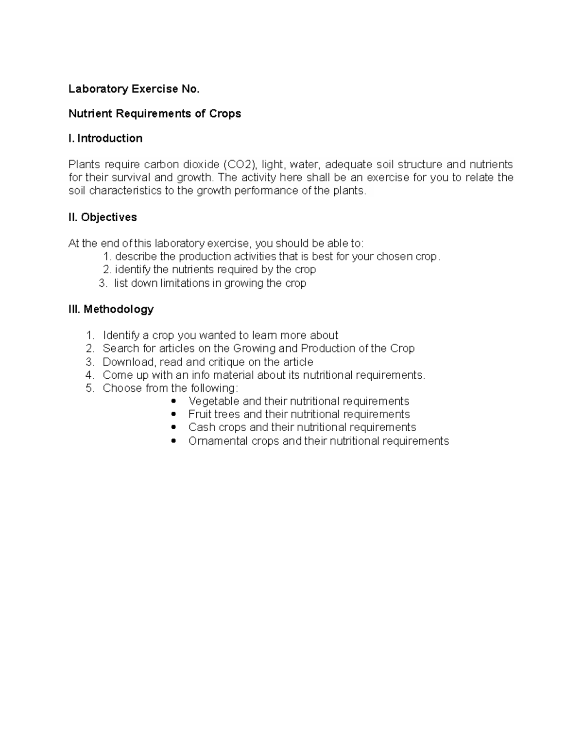 Laboratory Exercise Nutrient Requirements of Crops - Laboratory ...