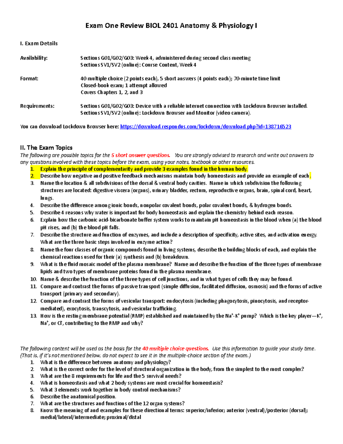 Bio lecture exam 1 review - Exam One Review BIOL 2401 Anatomy ...