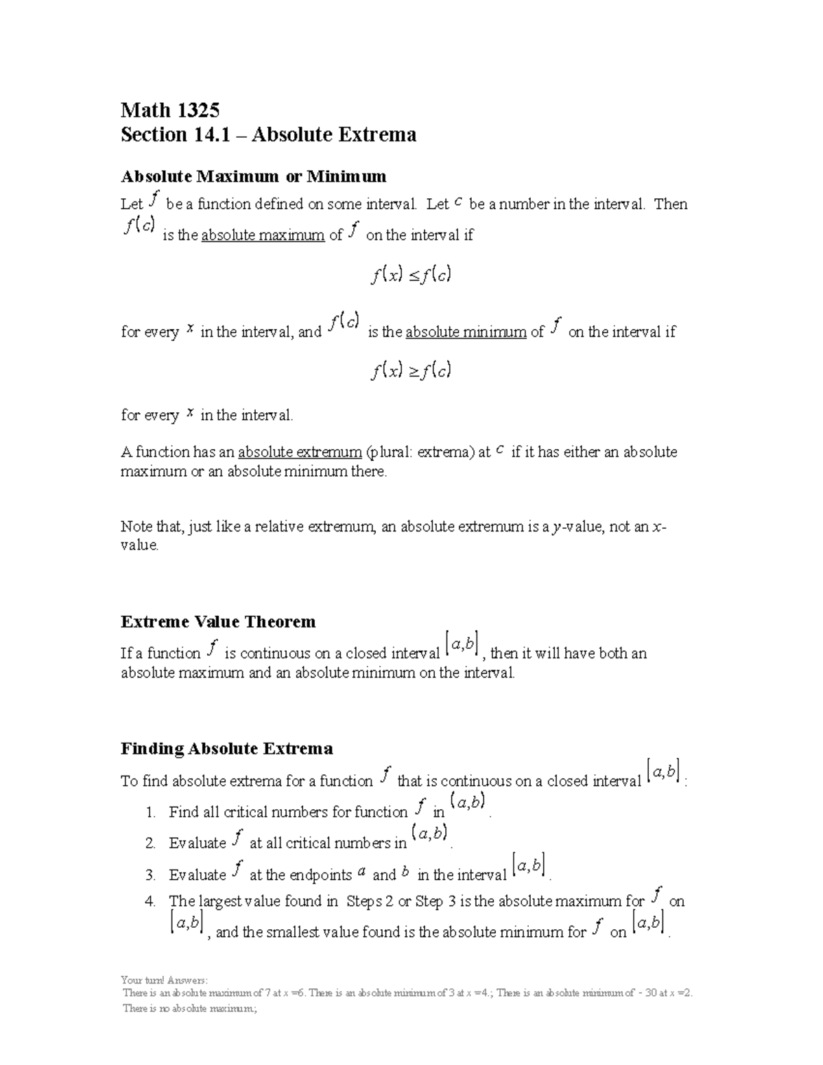 Section 14.1 - Absolute Extrema - Math 1325 Section 14 – Absolute ...