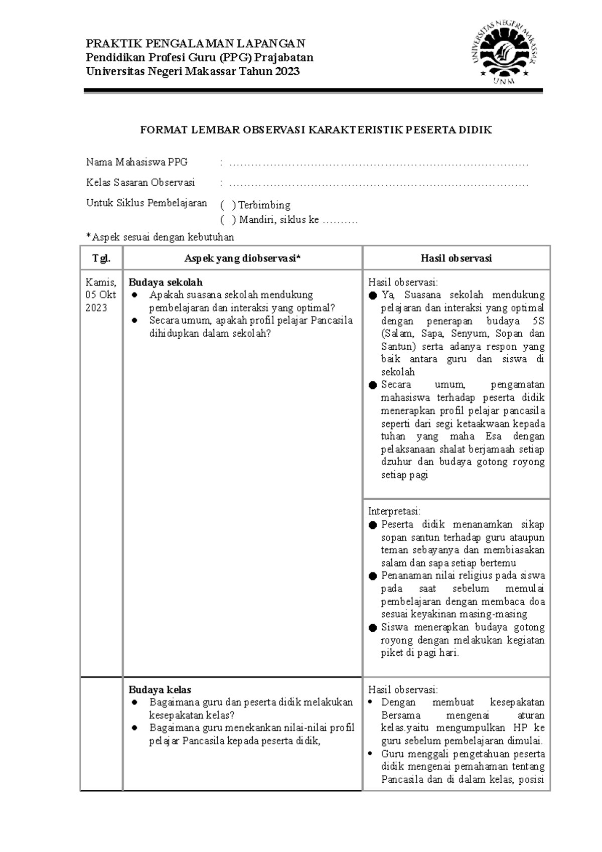 Lampiran 1 Format Lembar Observasi Karakteristik Peserta Didik