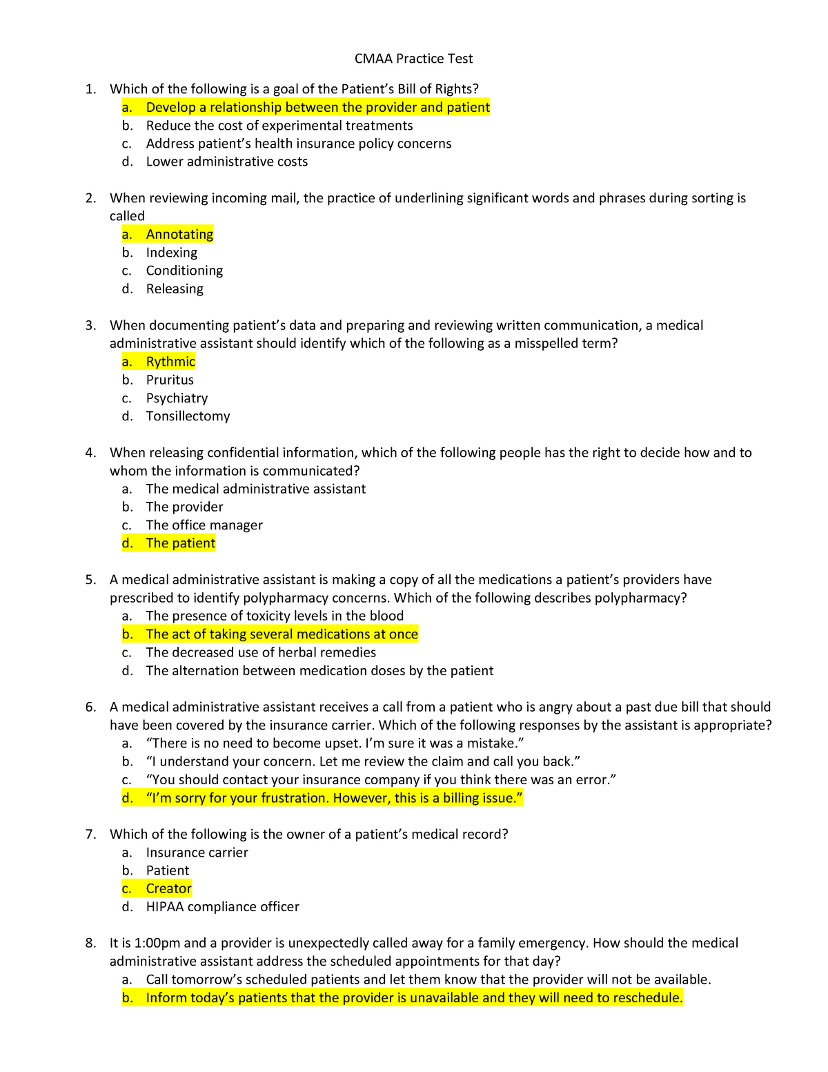 CMAA Practice TEST Answer Ejercicio Ejercicio UVM StuDocu