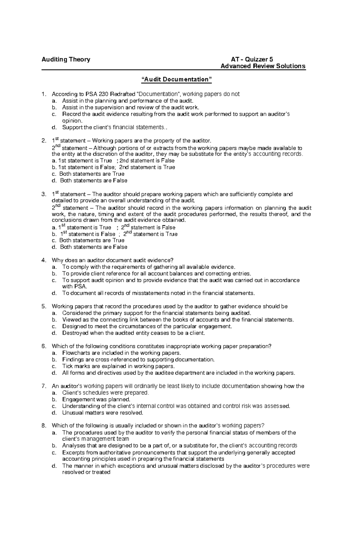 AT Quizzer 5 Audit Documentation - Auditing Theory AT - Quizzer 5 ...