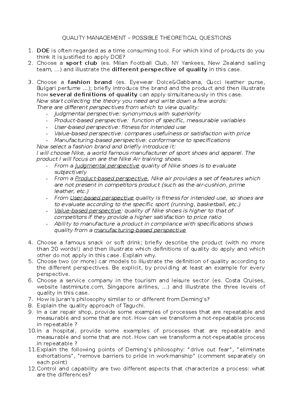 Theoretical Questions - QUALITY MANAGEMENT – POSSIBLE THEORETICAL ...
