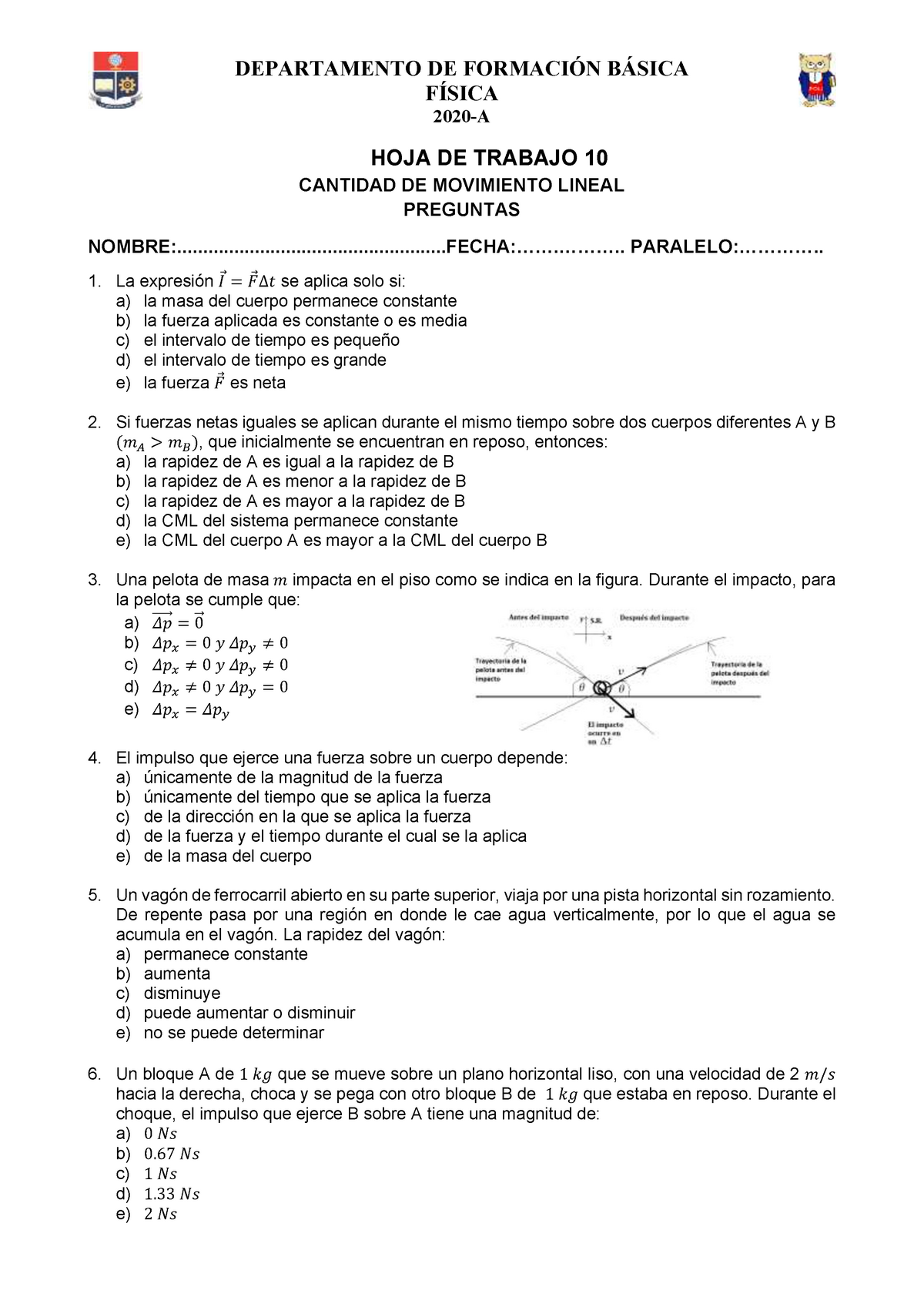 Hoja 10 Impulso Cantidad De Movimiento - FÍSICA 2020-A HOJA DE TRABAJO ...