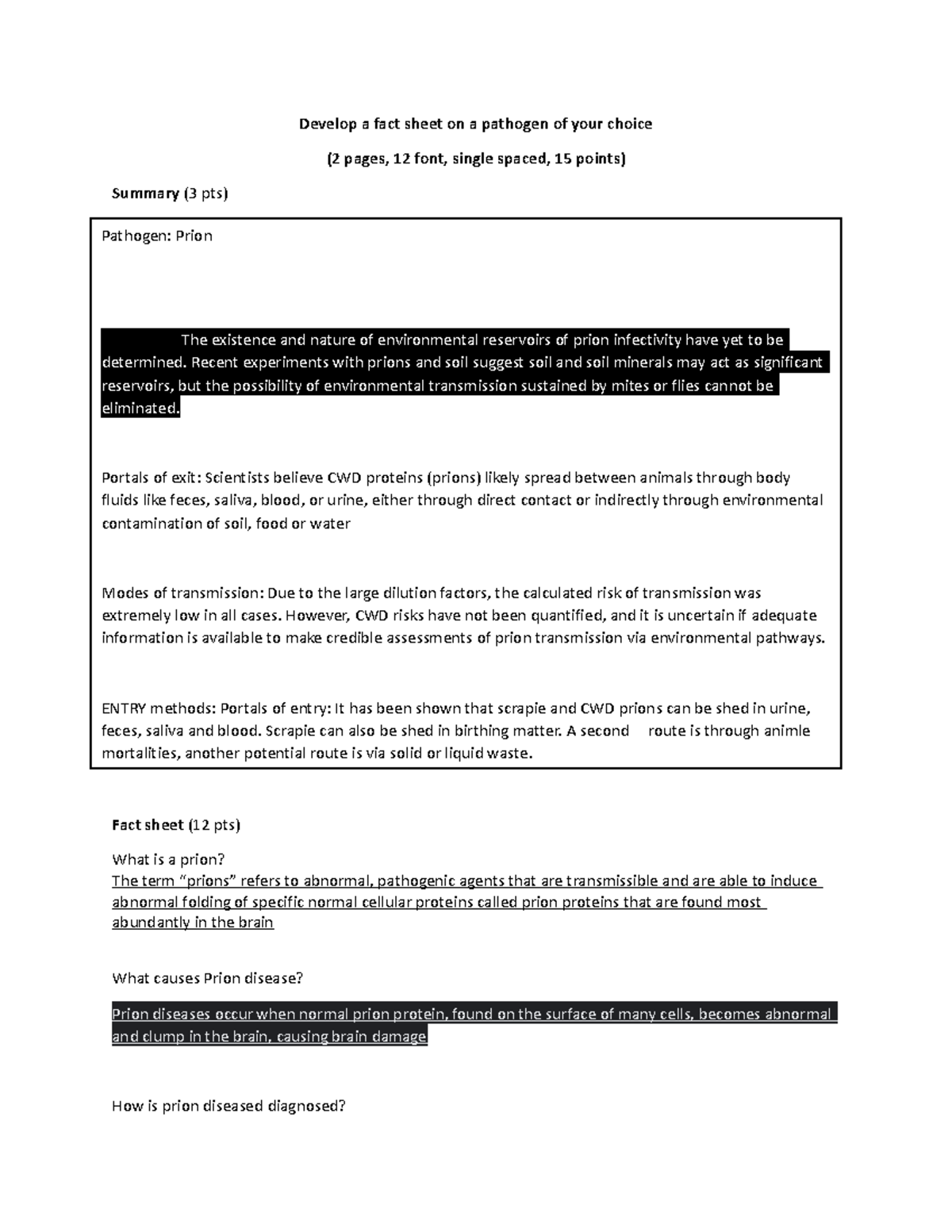 Pathogen Assignment - nanananannnana - Develop a fact sheet on a ...