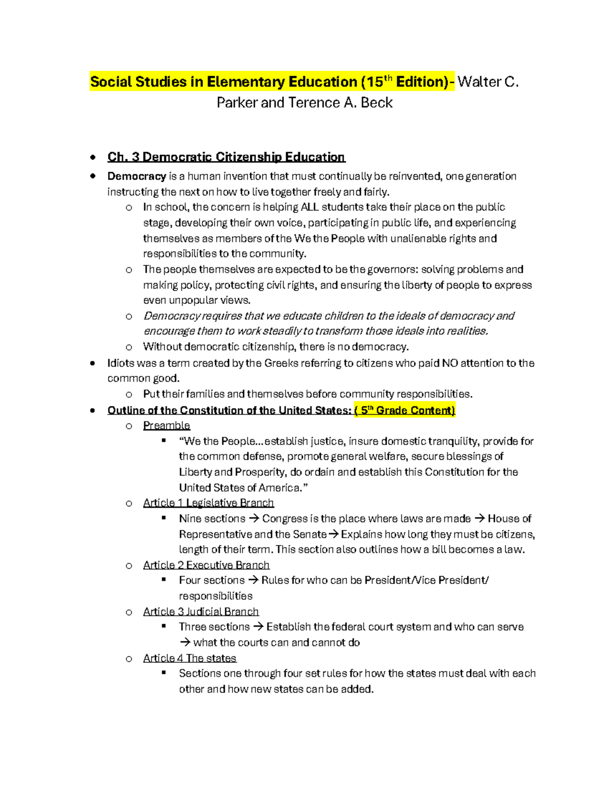 Social Studies in Elementary Education Ch. 3 Parker and Terence A