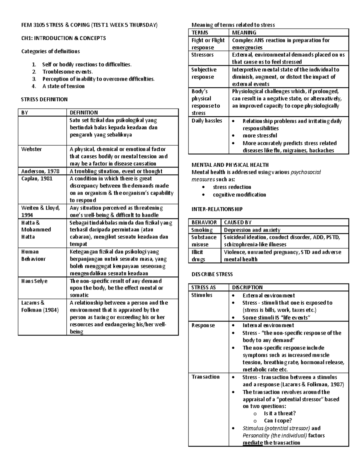 Stress and Coping Notes - FEM 3105 STRESS COPING (TEST 1 WEEK 5 ...