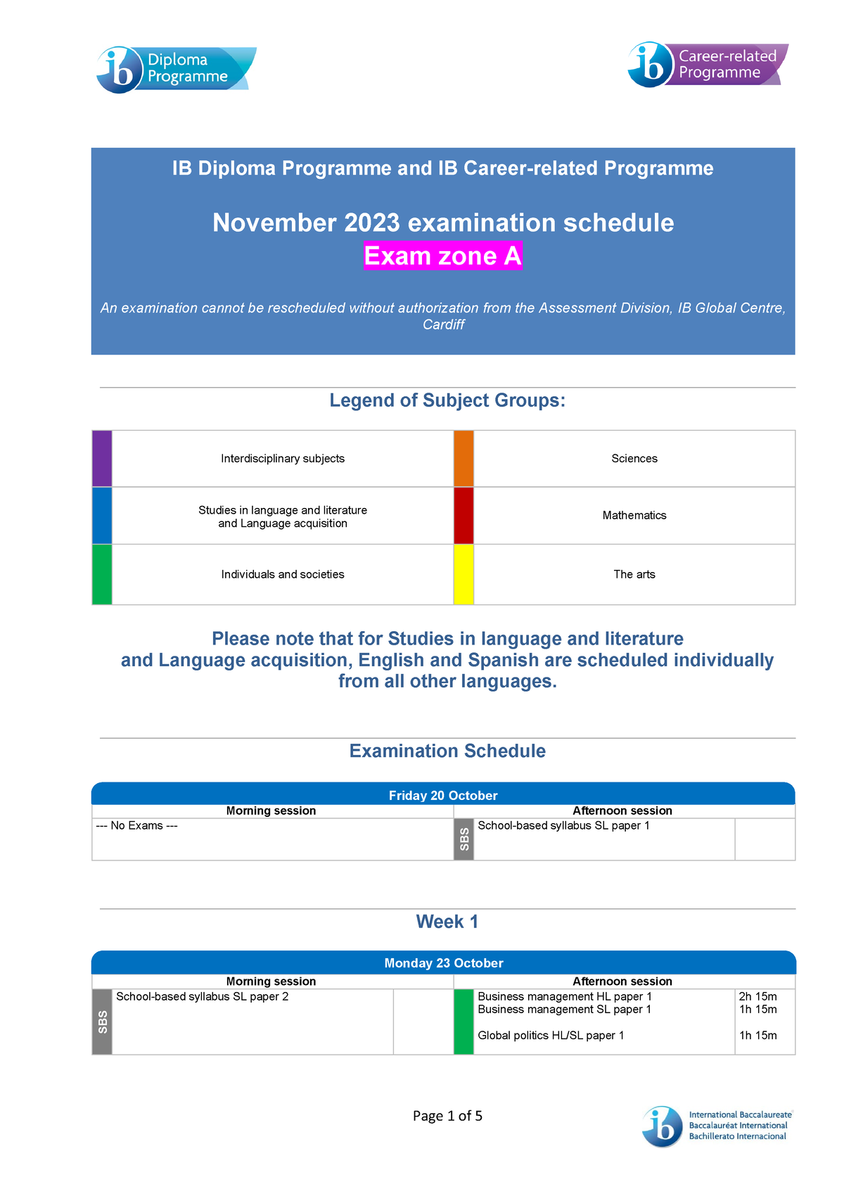 November 2023 examination schedule exam zone a en IB Diploma